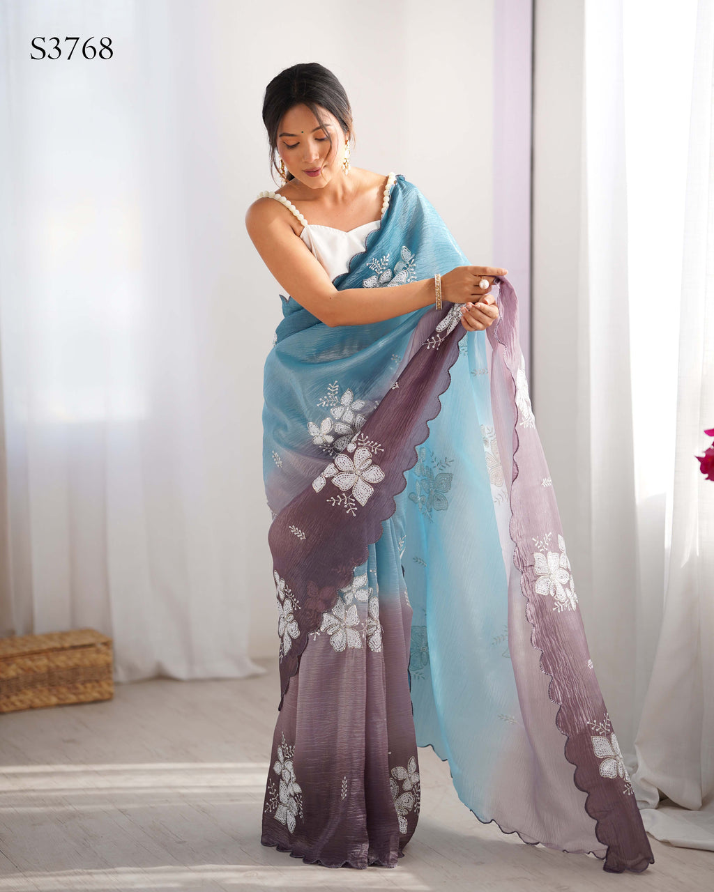 Sky Blue-Grey Dual Tone Party Wear Saree | Crunchy Crush with Satin Silk Blouse & Embroidery Work