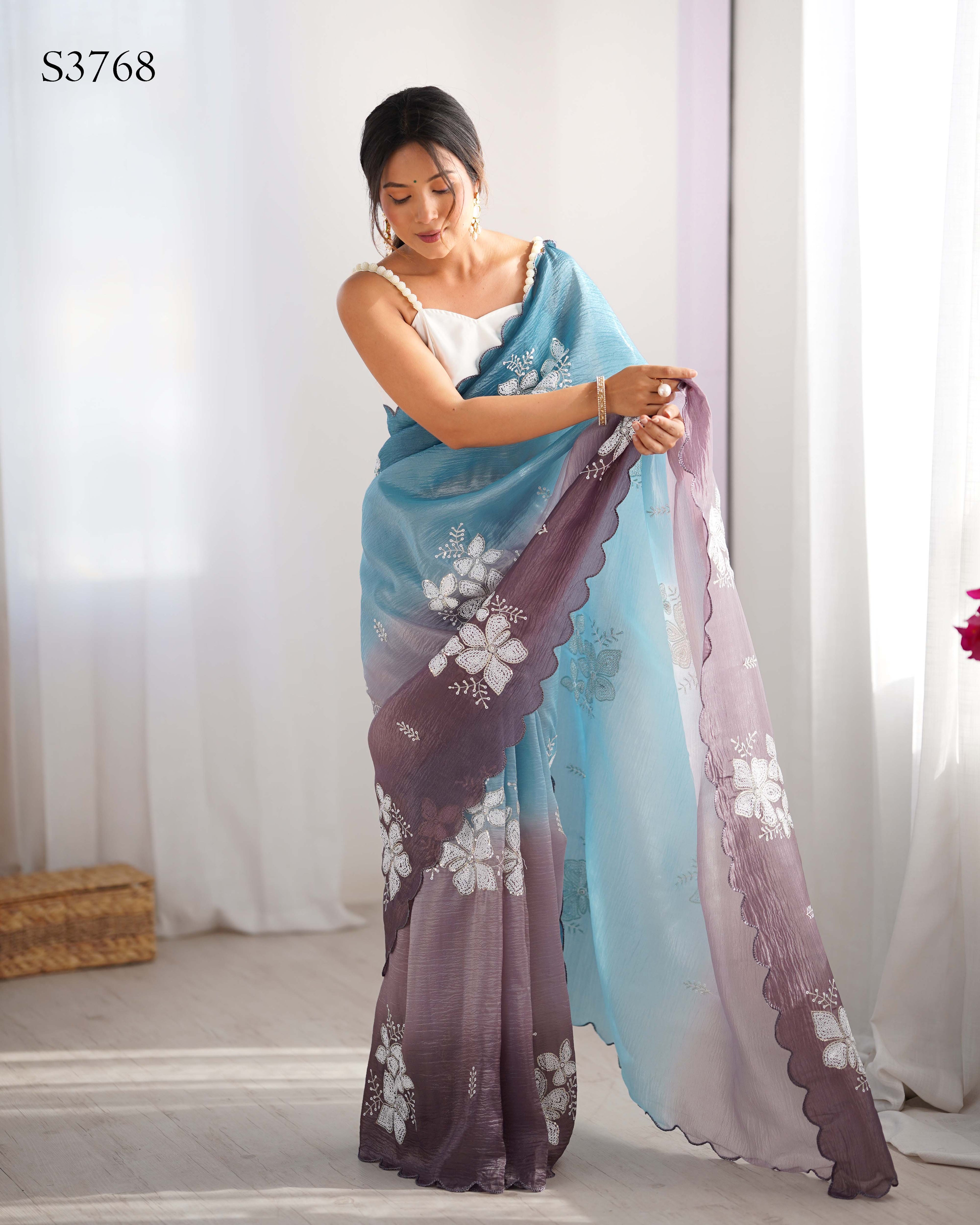 Sky Blue-Grey Dual Tone Party Wear Saree | Crunchy Crush with Satin Silk Blouse & Embroidery Work