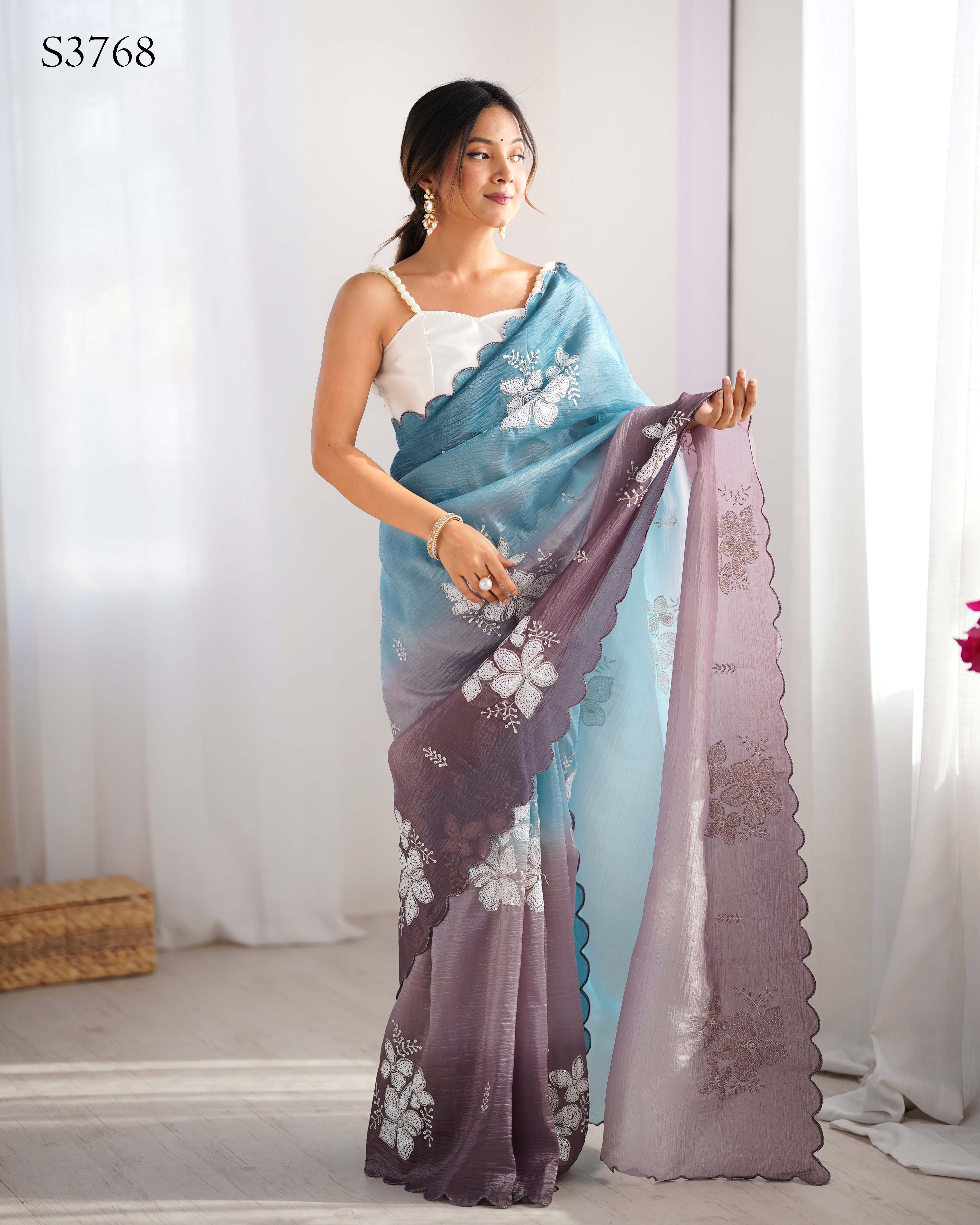 Sky Blue-Grey Dual Tone Party Wear Saree | Crunchy Crush with Satin Silk Blouse & Embroidery Work