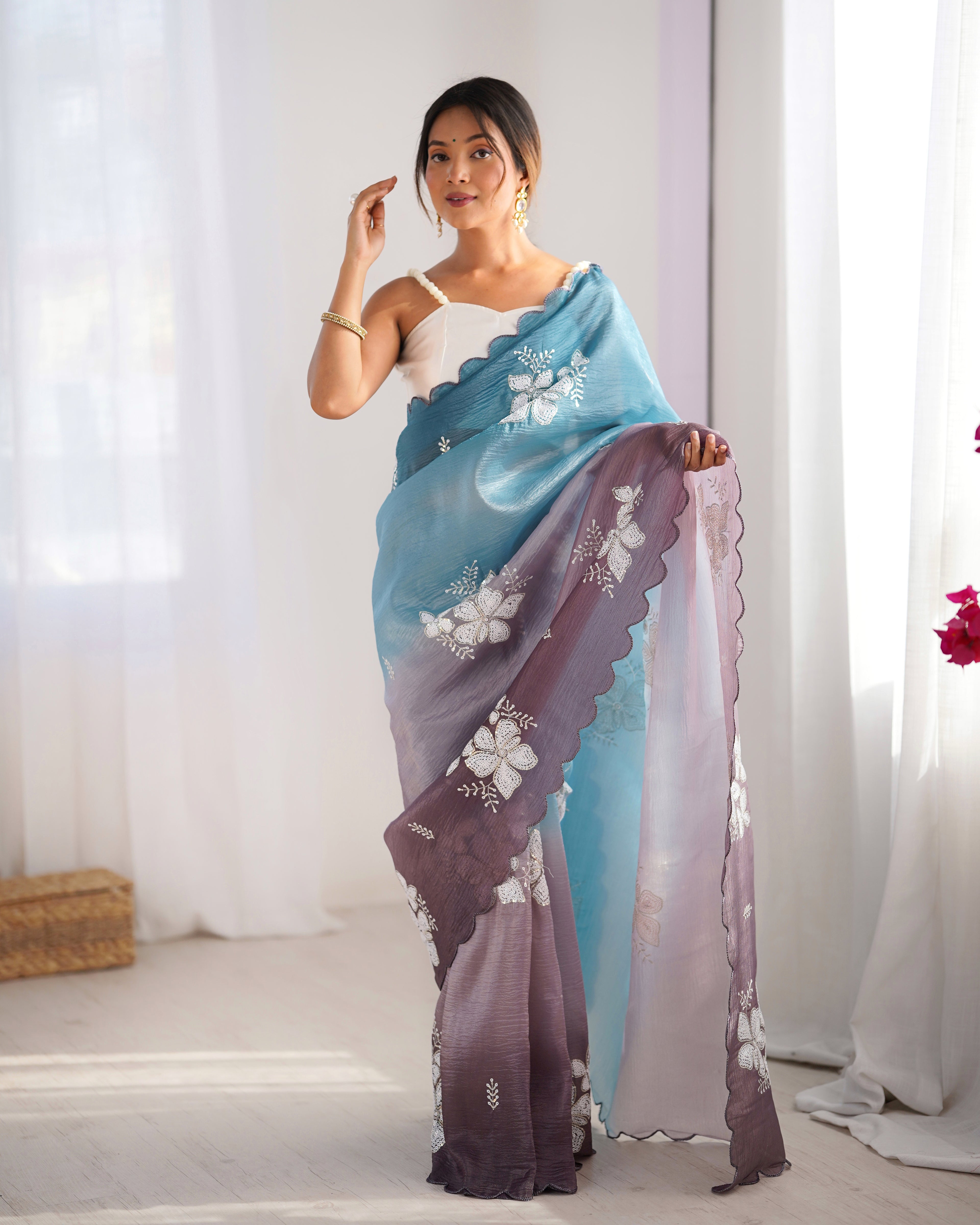 Sky Blue-Grey Dual Tone Party Wear Saree | Crunchy Crush with Satin Silk Blouse & Embroidery Work