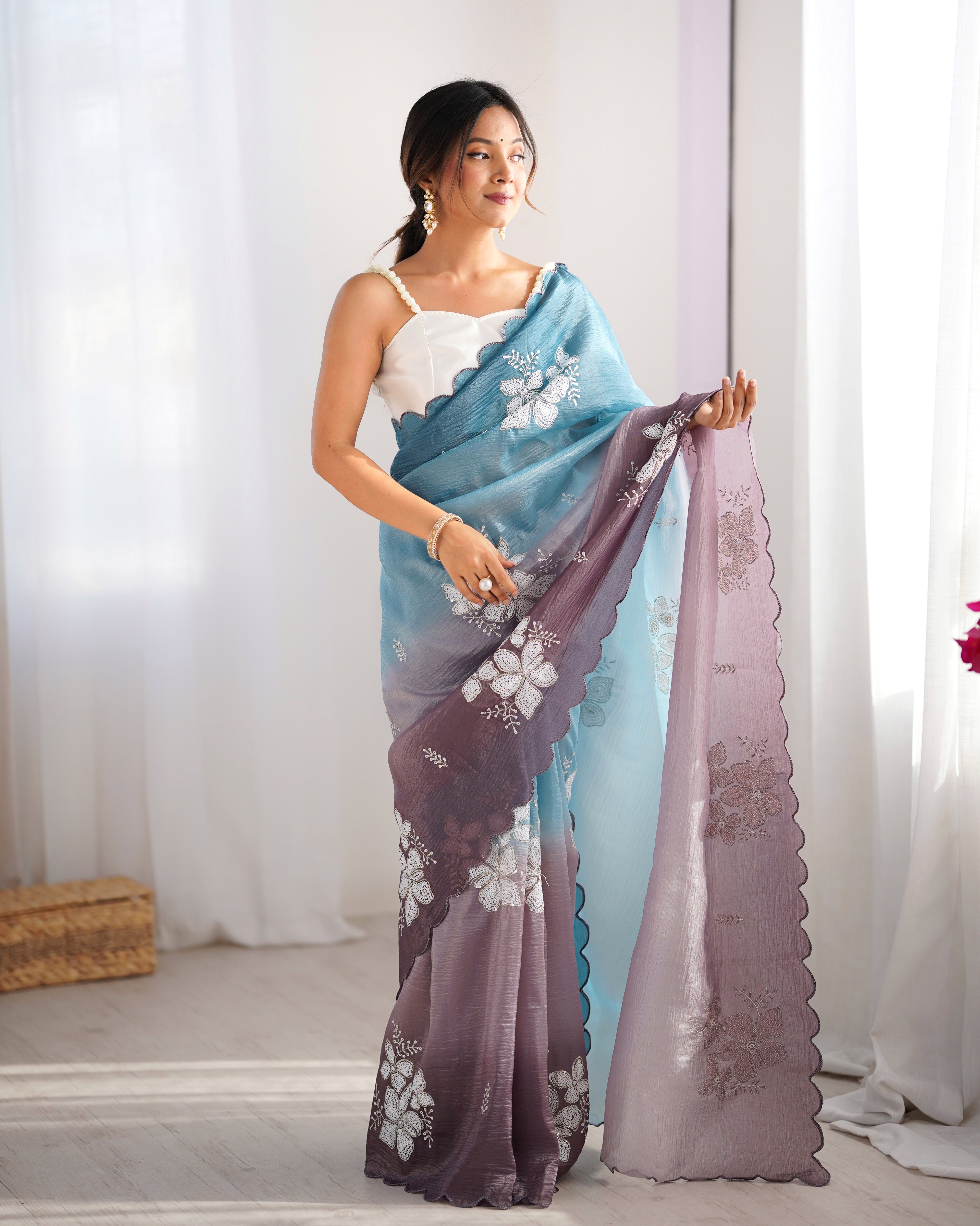 Sky Blue-Grey Dual Tone Party Wear Saree | Crunchy Crush with Satin Silk Blouse & Embroidery Work