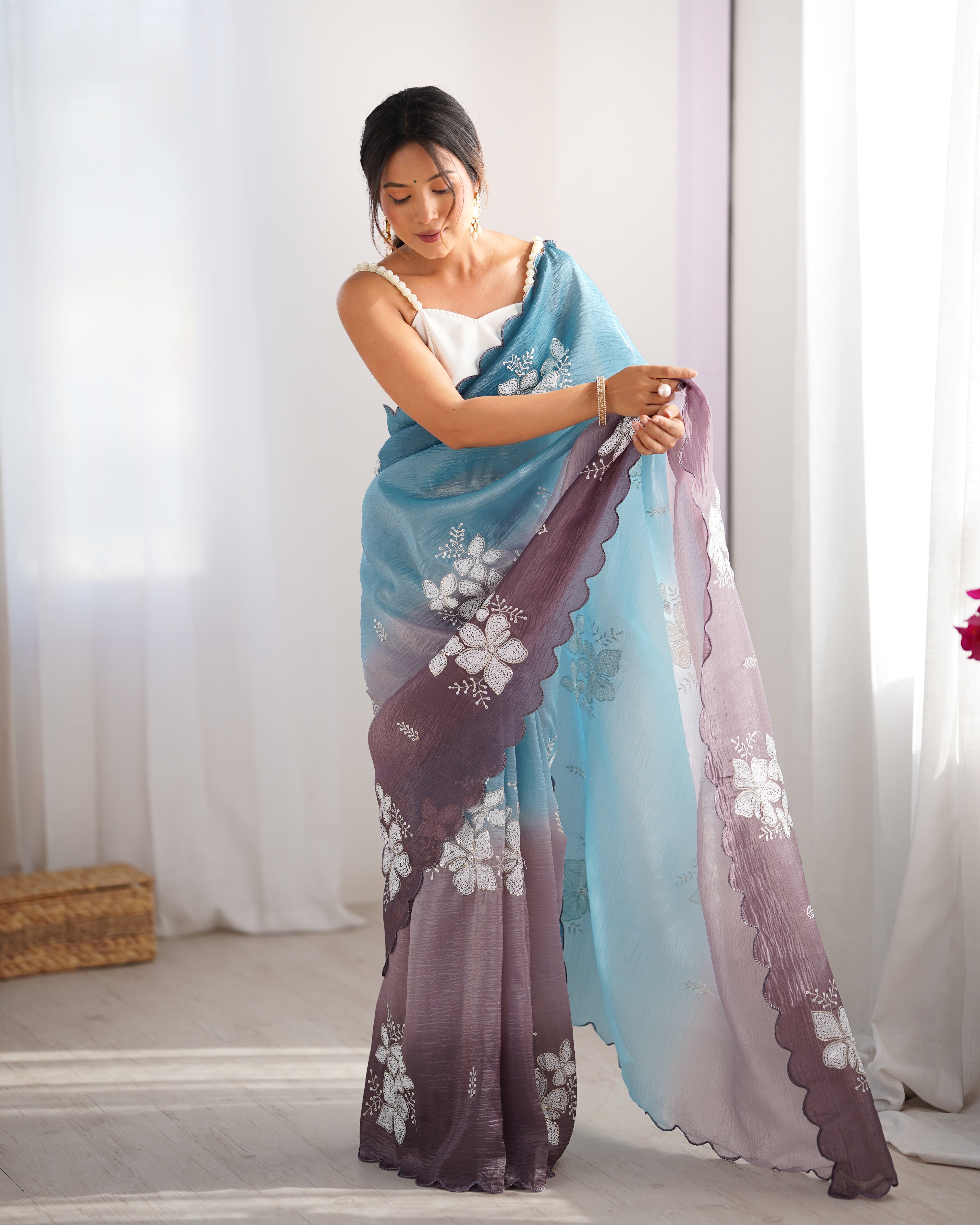 Sky Blue-Grey Dual Tone Party Wear Saree | Crunchy Crush with Satin Silk Blouse & Embroidery Work