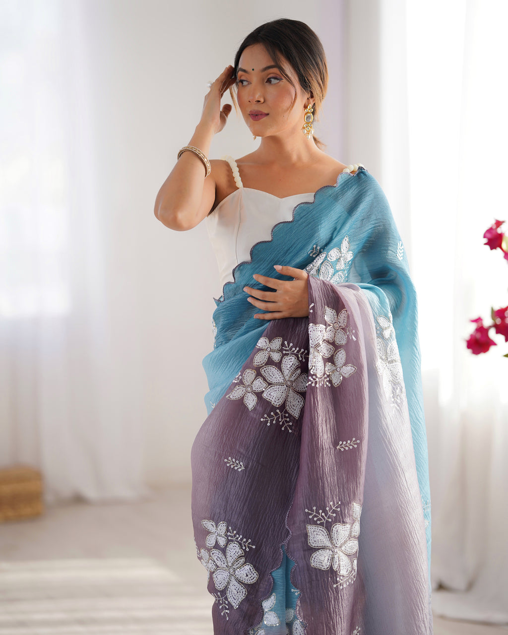 Sky Blue-Grey Dual Tone Party Wear Saree | Crunchy Crush with Satin Silk Blouse & Embroidery Work