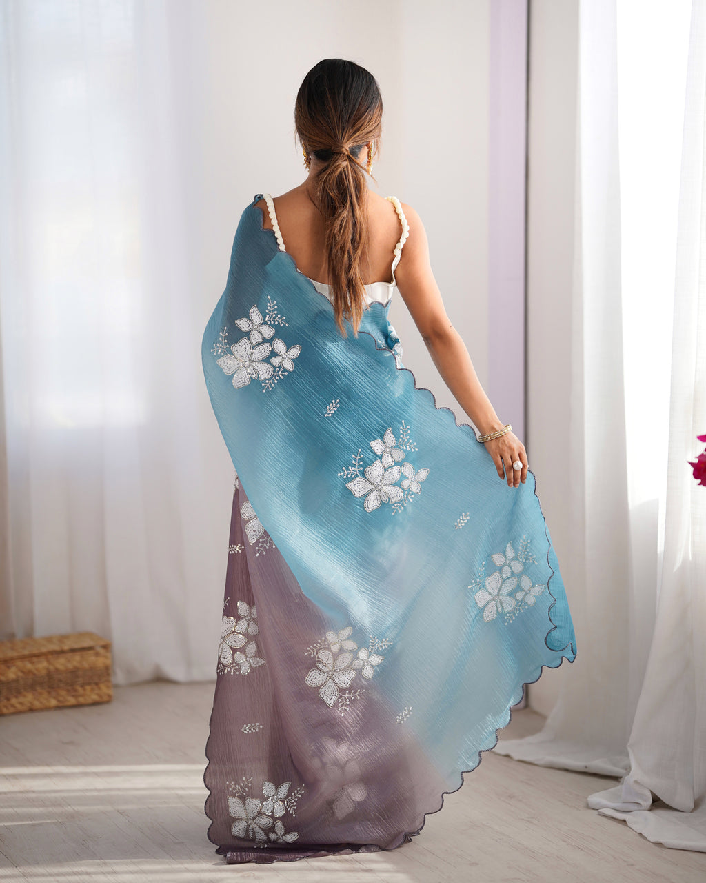 Sky Blue-Grey Dual Tone Party Wear Saree | Crunchy Crush with Satin Silk Blouse & Embroidery Work