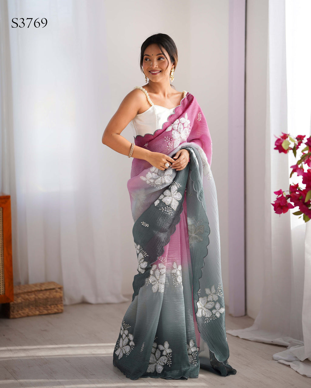 Wine-Green Dual Tone Party Wear Saree | Crunchy Crush with Satin Silk Blouse & Embroidery Work