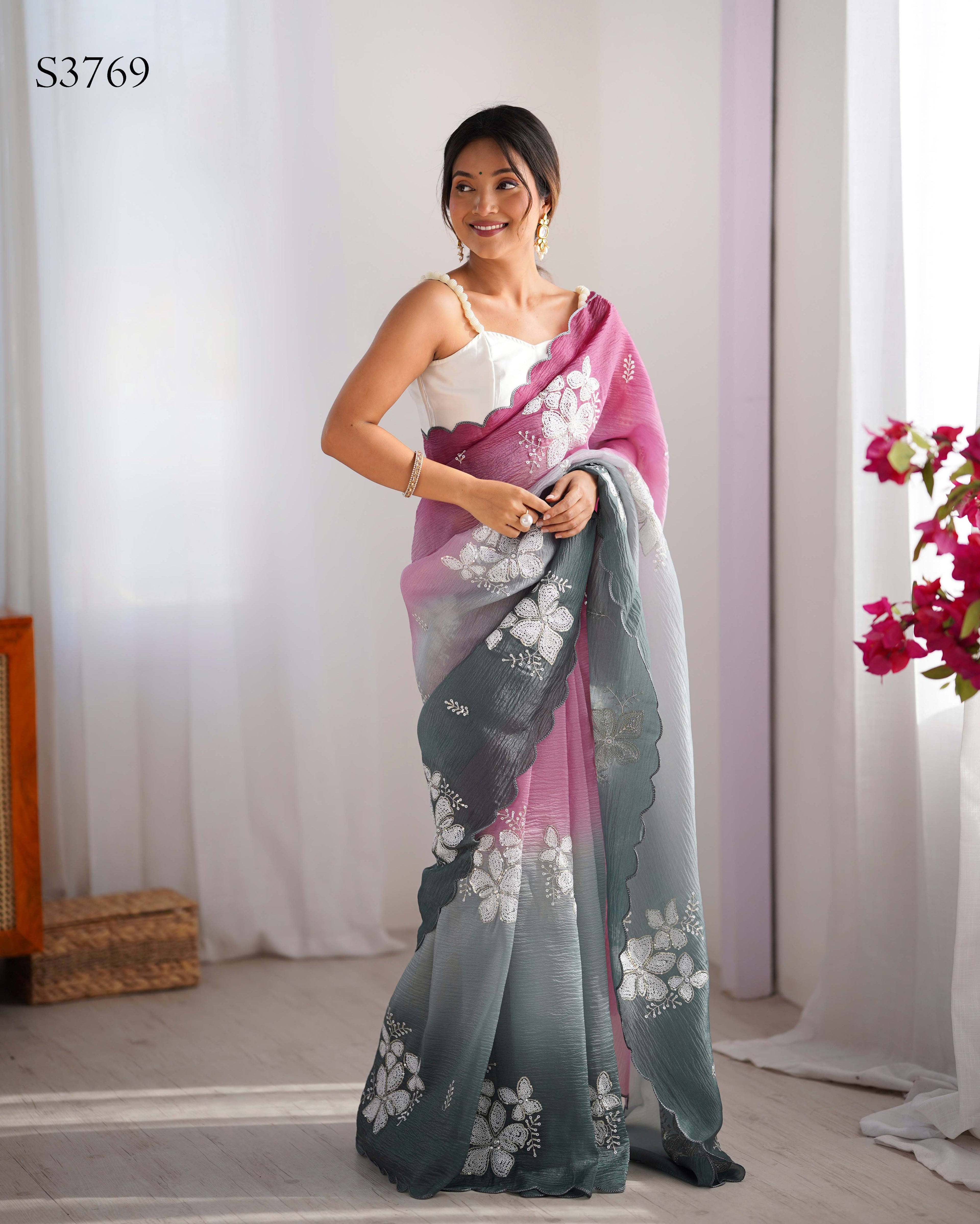 Wine-Green Dual Tone Party Wear Saree | Crunchy Crush with Satin Silk Blouse & Embroidery Work