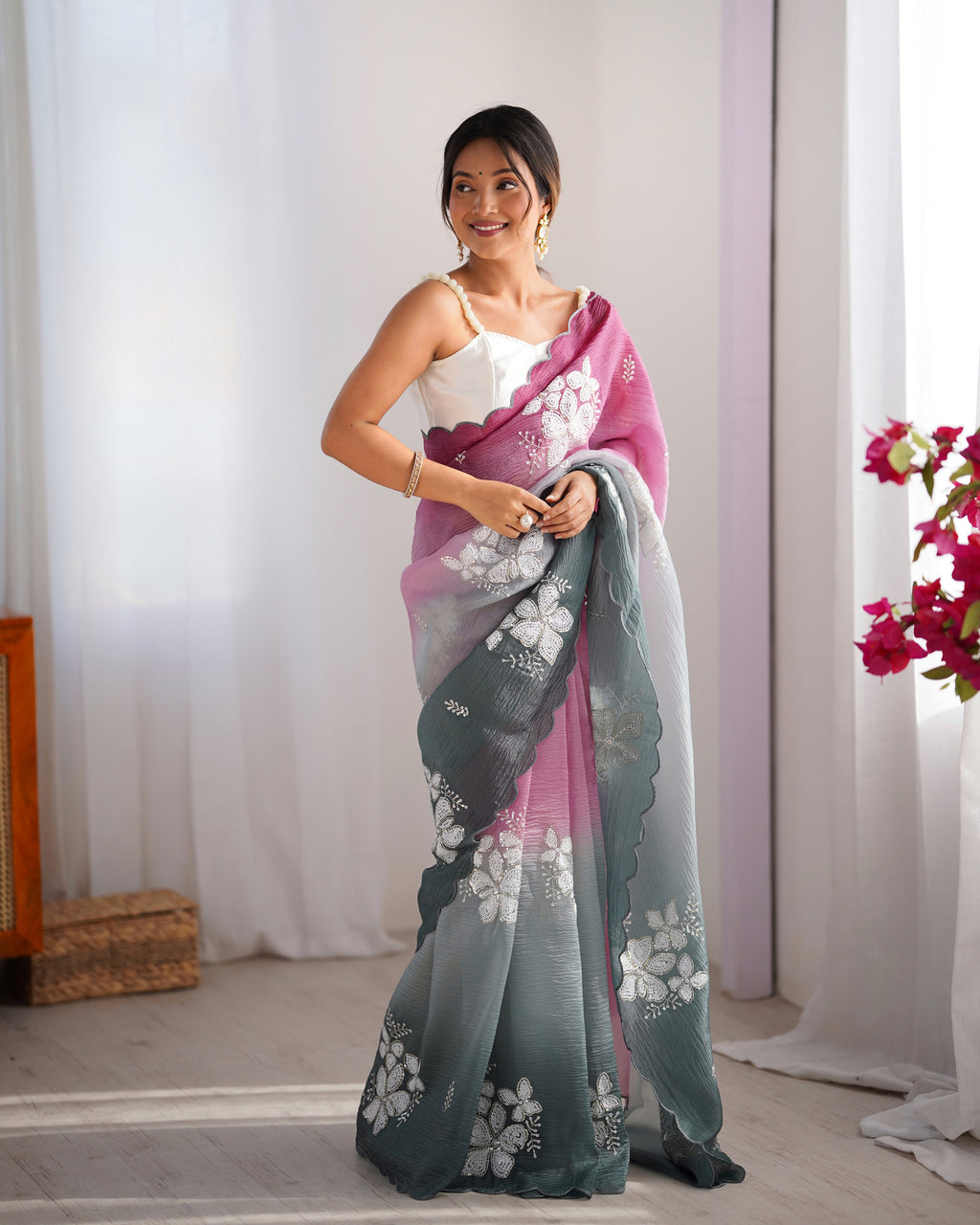 Wine-Green Dual Tone Party Wear Saree | Crunchy Crush with Satin Silk Blouse & Embroidery Work