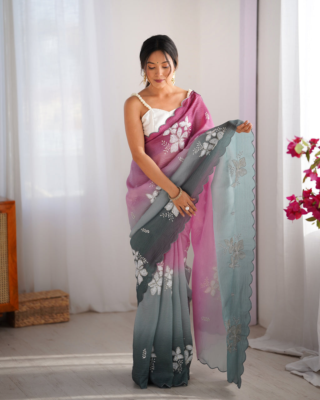 Wine-Green Dual Tone Party Wear Saree | Crunchy Crush with Satin Silk Blouse & Embroidery Work