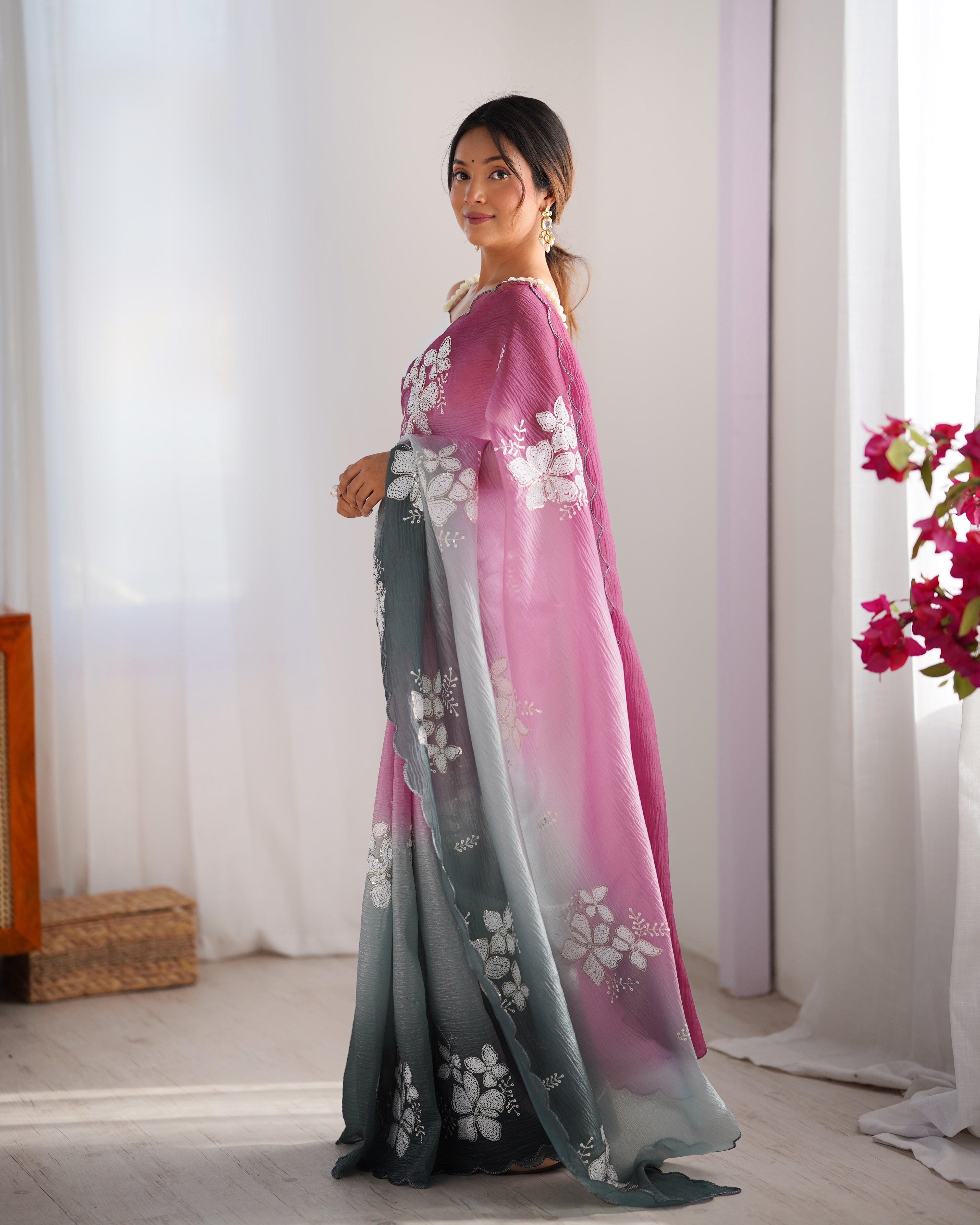 Wine-Green Dual Tone Party Wear Saree | Crunchy Crush with Satin Silk Blouse & Embroidery Work