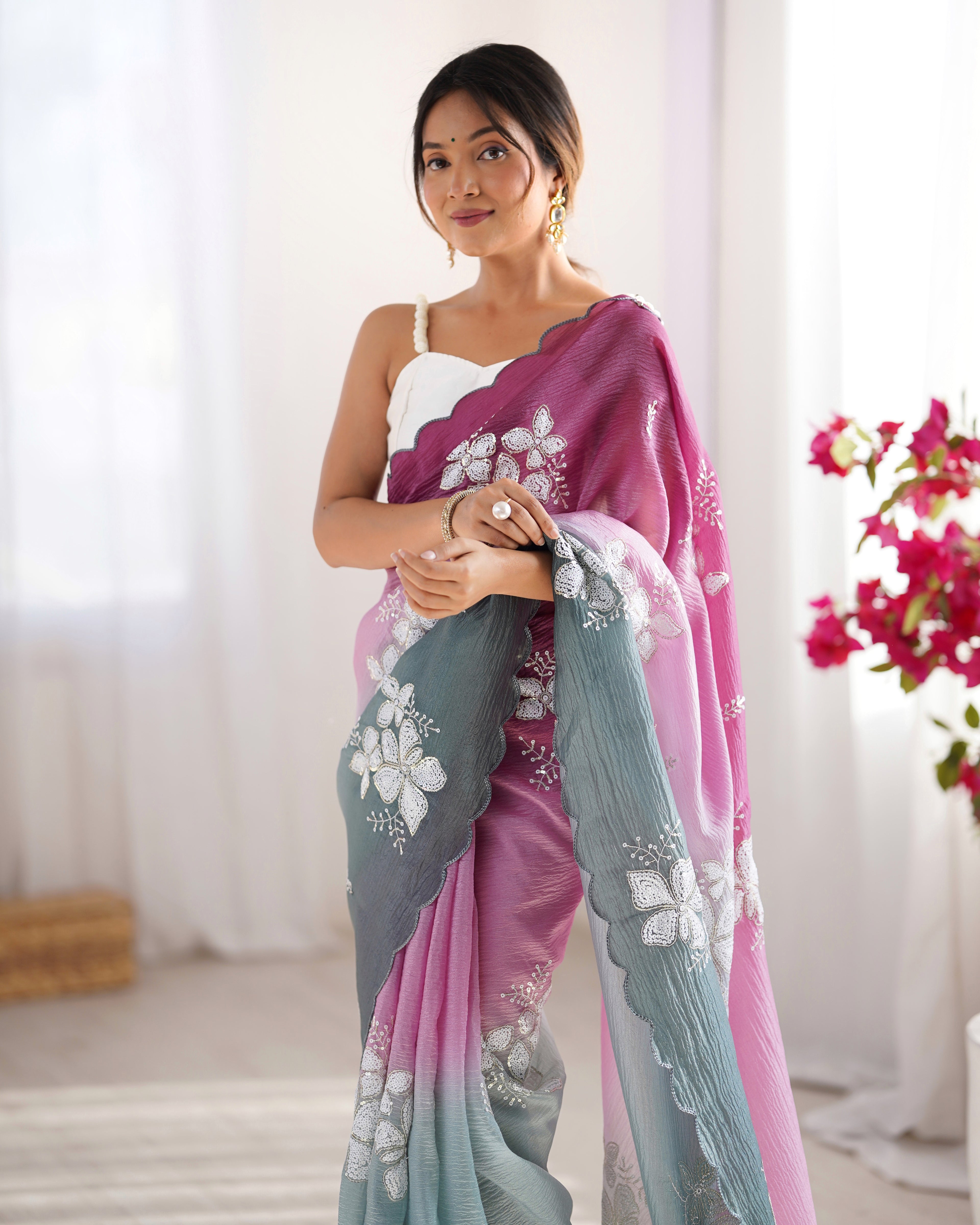 Wine-Green Dual Tone Party Wear Saree | Crunchy Crush with Satin Silk Blouse & Embroidery Work