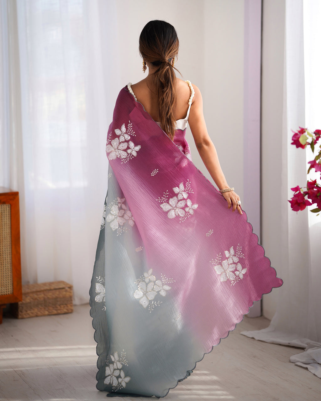 Wine-Green Dual Tone Party Wear Saree | Crunchy Crush with Satin Silk Blouse & Embroidery Work