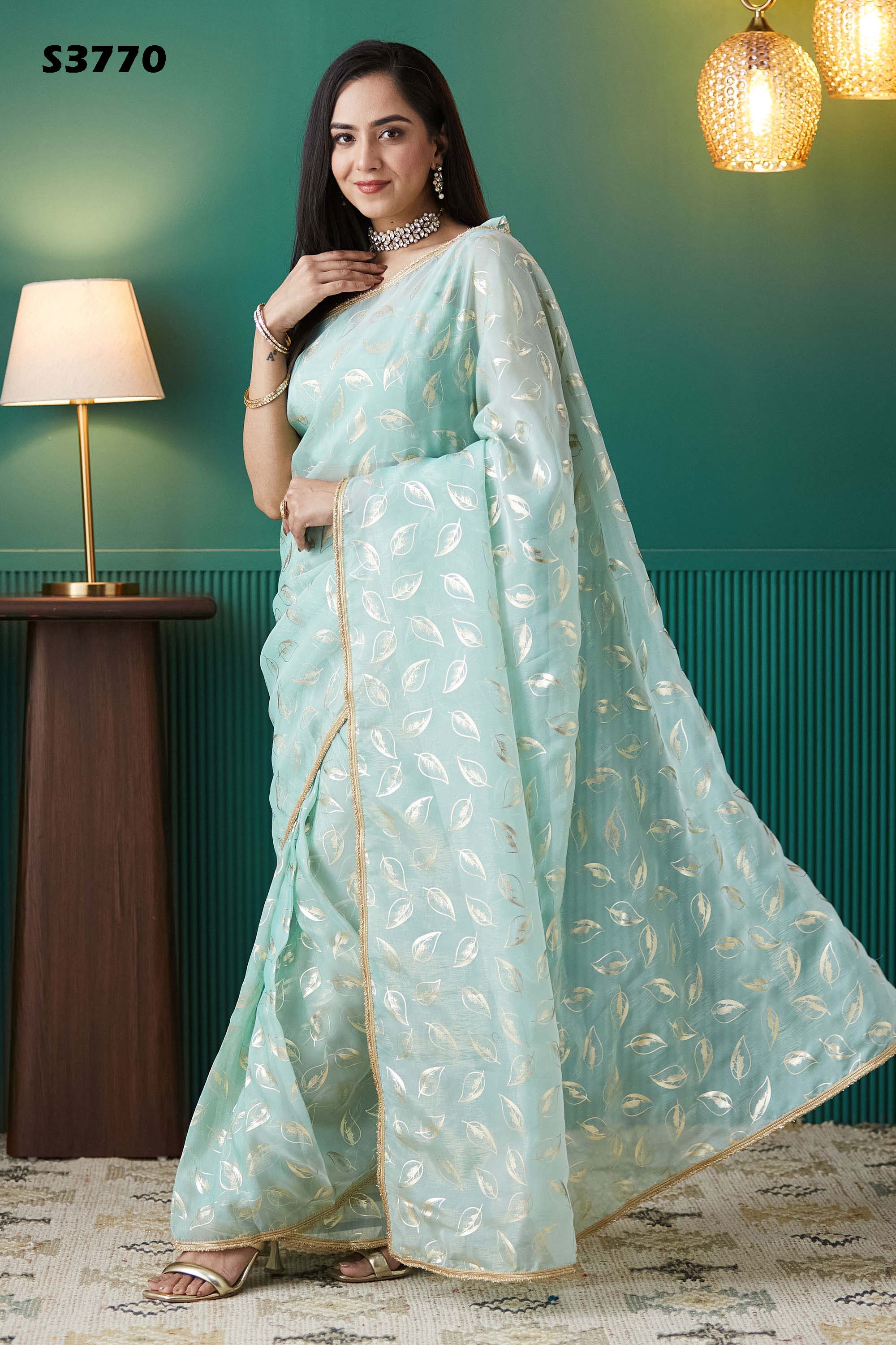 Sky Blue Organza Ready-to-Wear Saree | Solid Designer Foil Printed with Lace Border