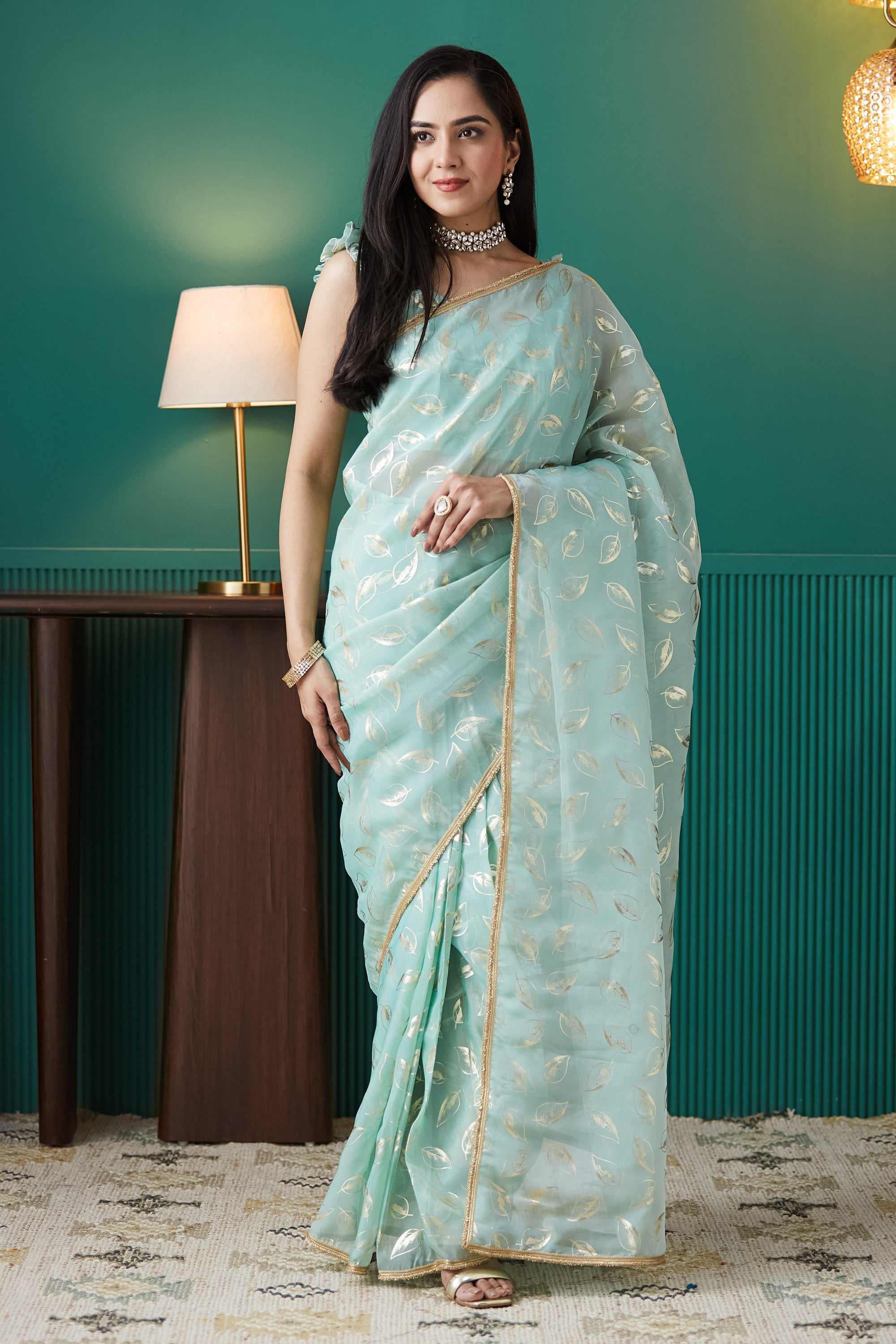 Sky Blue Organza Ready-to-Wear Saree | Solid Designer Foil Printed with Lace Border