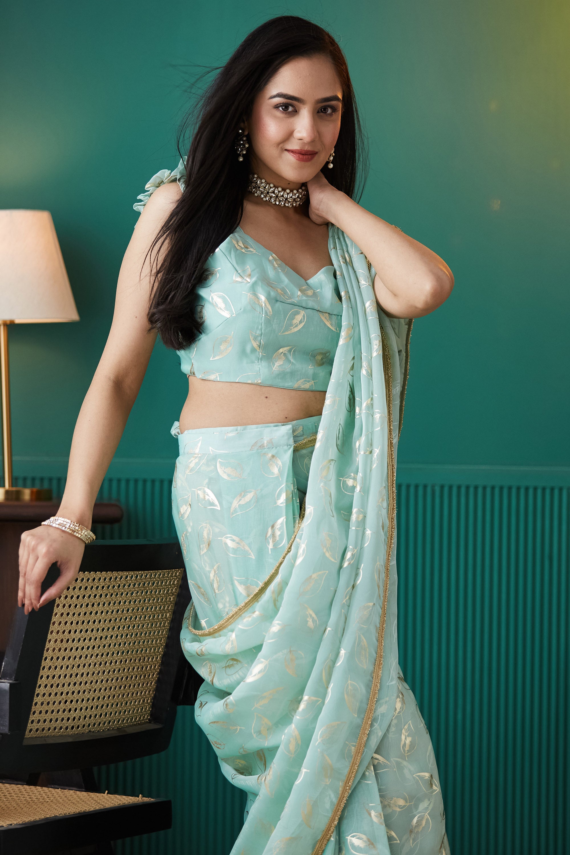 Sky Blue Organza Ready-to-Wear Saree | Solid Designer Foil Printed with Lace Border