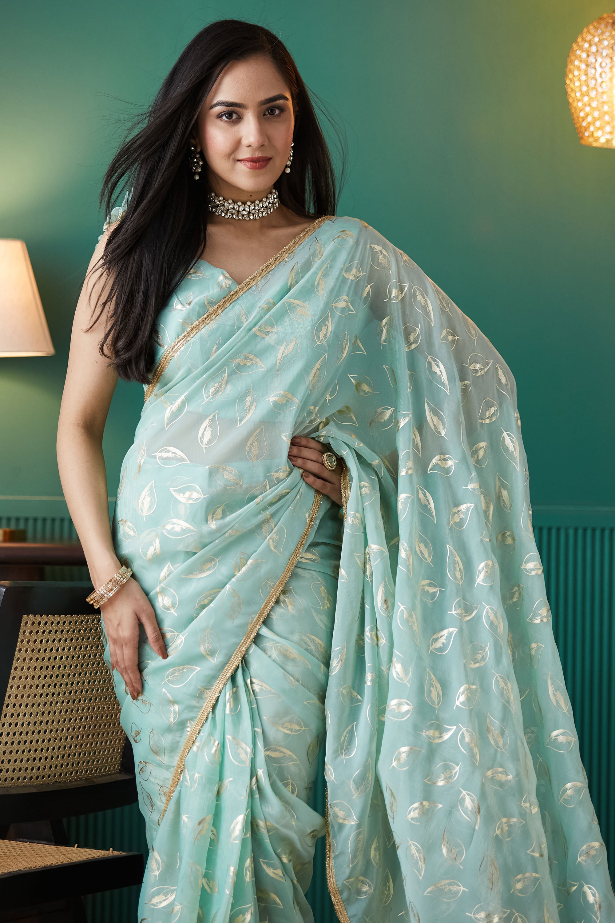 Sky Blue Organza Ready-to-Wear Saree | Solid Designer Foil Printed with Lace Border