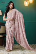 Soft Peach Organza Ready-to-Wear Saree | Solid Designer Foil Printed with Lace Border