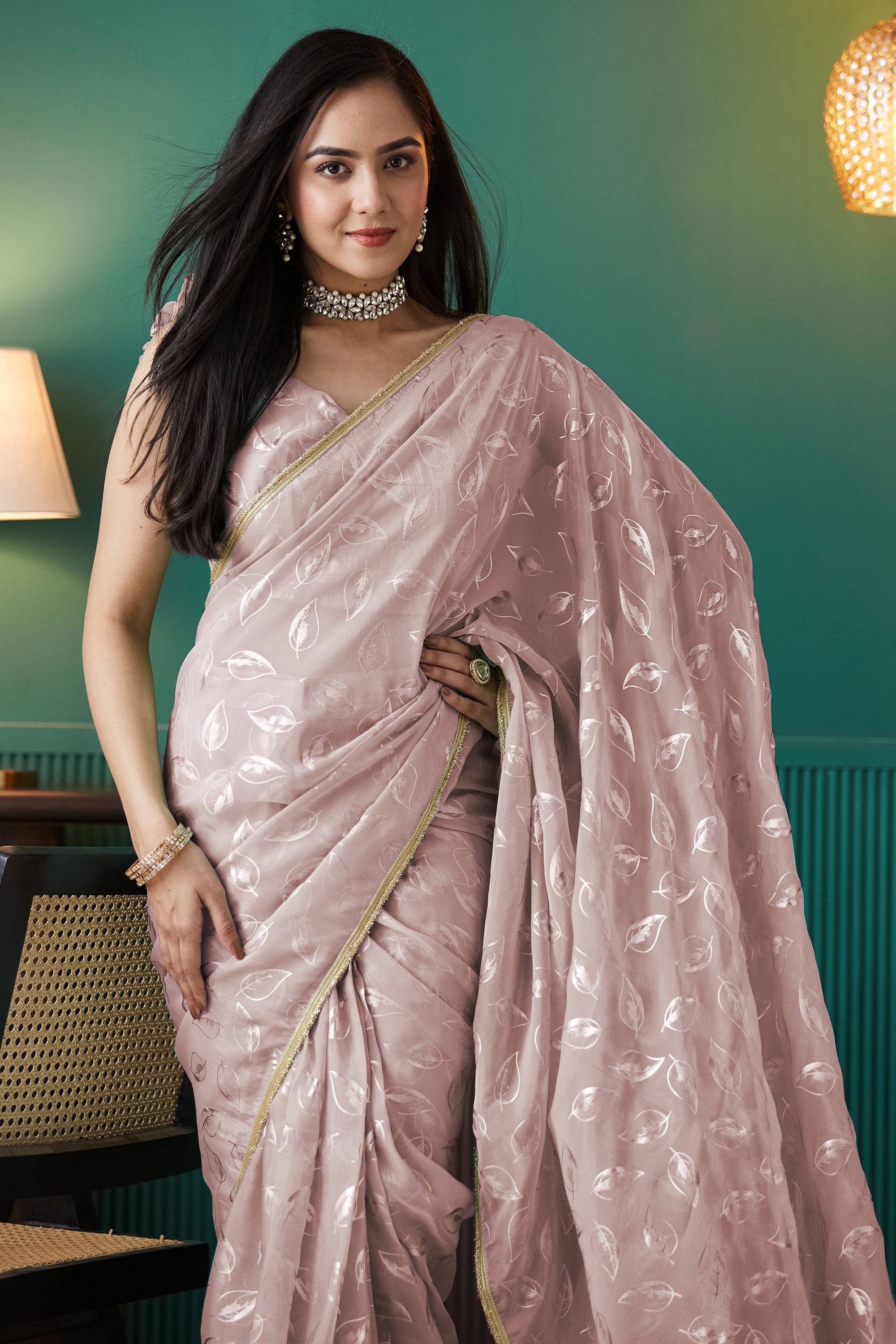 Soft Peach Organza Ready-to-Wear Saree | Solid Designer Foil Printed with Lace Border