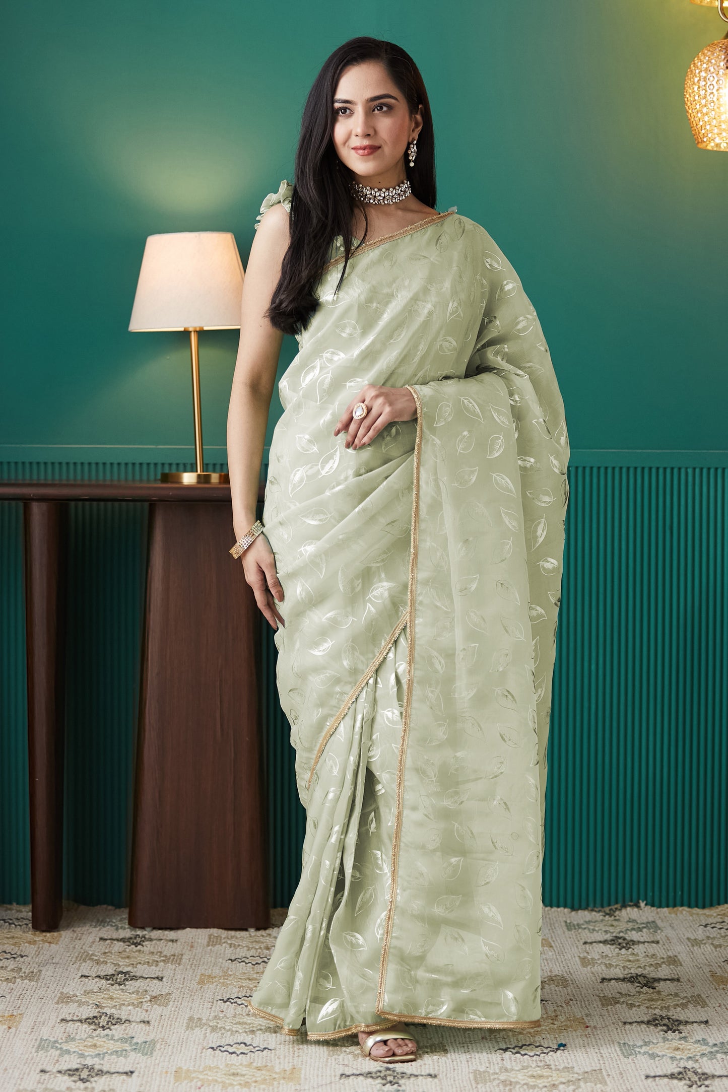 Fresh Pista Organza Ready-to-Wear Saree | Solid Designer Foil Printed with Lace Border