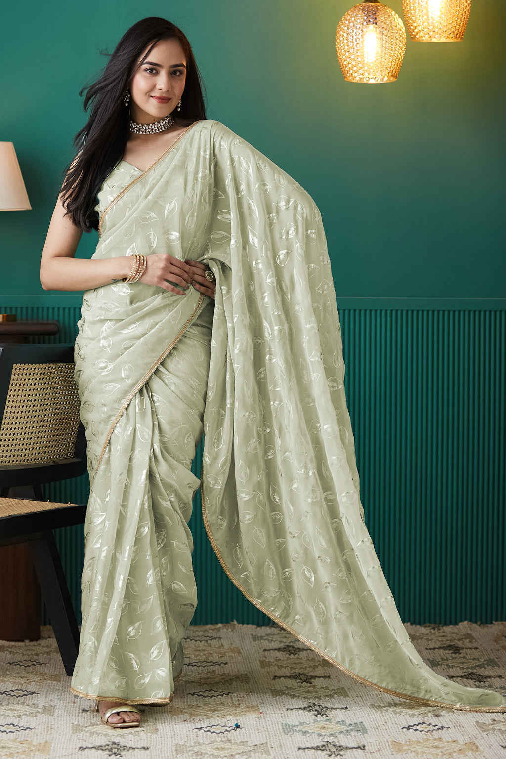 Fresh Pista Organza Ready-to-Wear Saree | Solid Designer Foil Printed with Lace Border