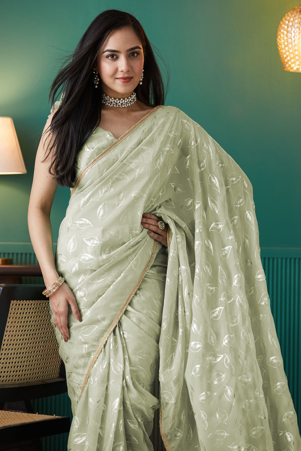 Fresh Pista Organza Ready-to-Wear Saree | Solid Designer Foil Printed with Lace Border