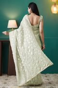 Fresh Pista Organza Ready-to-Wear Saree | Solid Designer Foil Printed with Lace Border