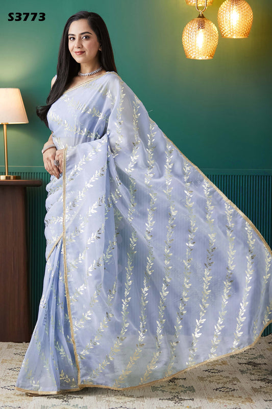 Regal Purple Organza Ready-to-Wear Saree | Solid Designer Foil Printed with Lace Border