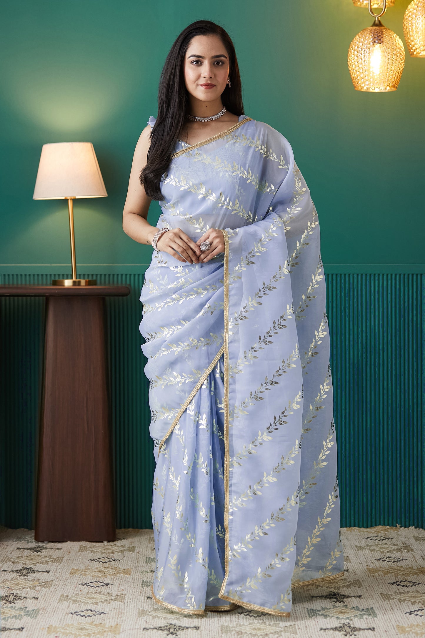 Regal Purple Organza Ready-to-Wear Saree | Solid Designer Foil Printed with Lace Border