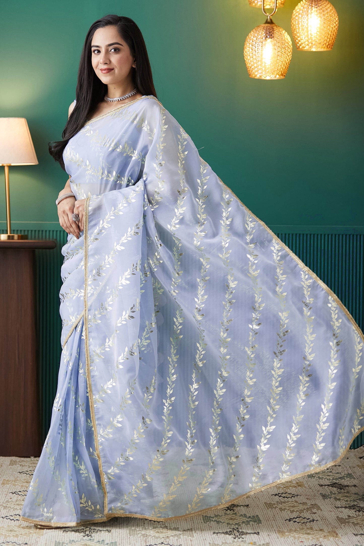 Regal Purple Organza Ready-to-Wear Saree | Solid Designer Foil Printed with Lace Border