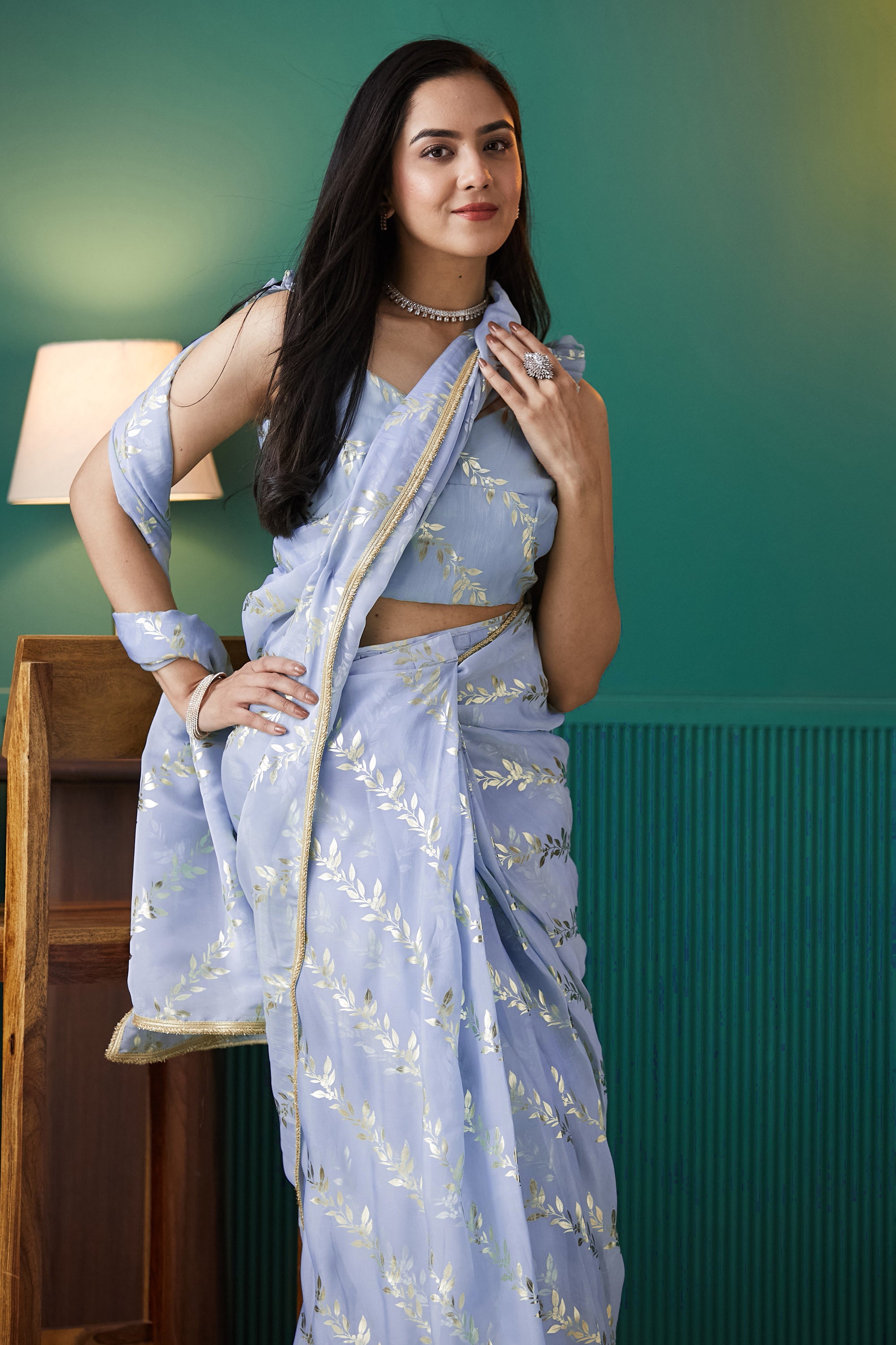 Regal Purple Organza Ready-to-Wear Saree | Solid Designer Foil Printed with Lace Border