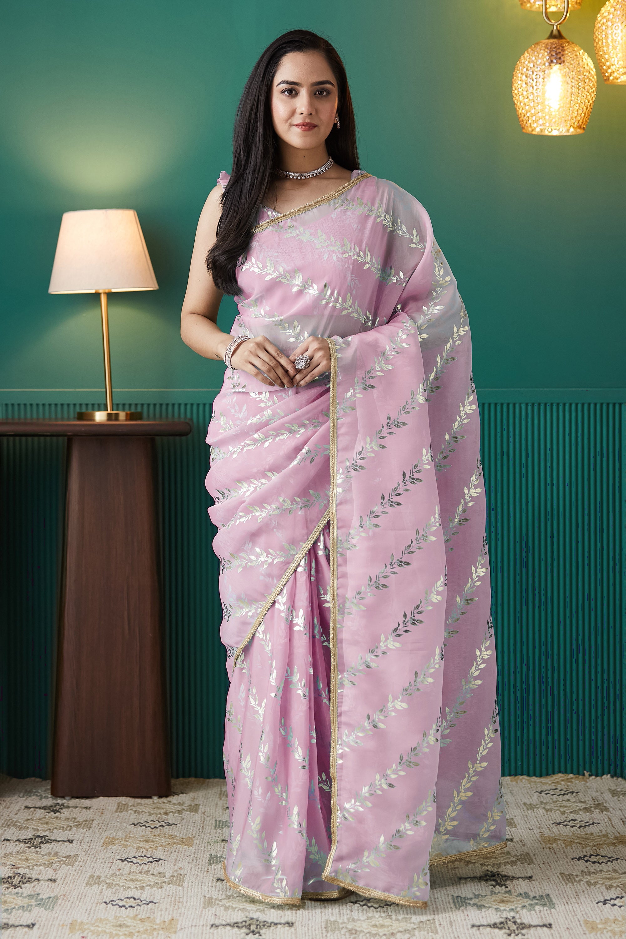 Soft Pink Organza Ready-to-Wear Saree | Solid Designer Foil Printed with Lace Border
