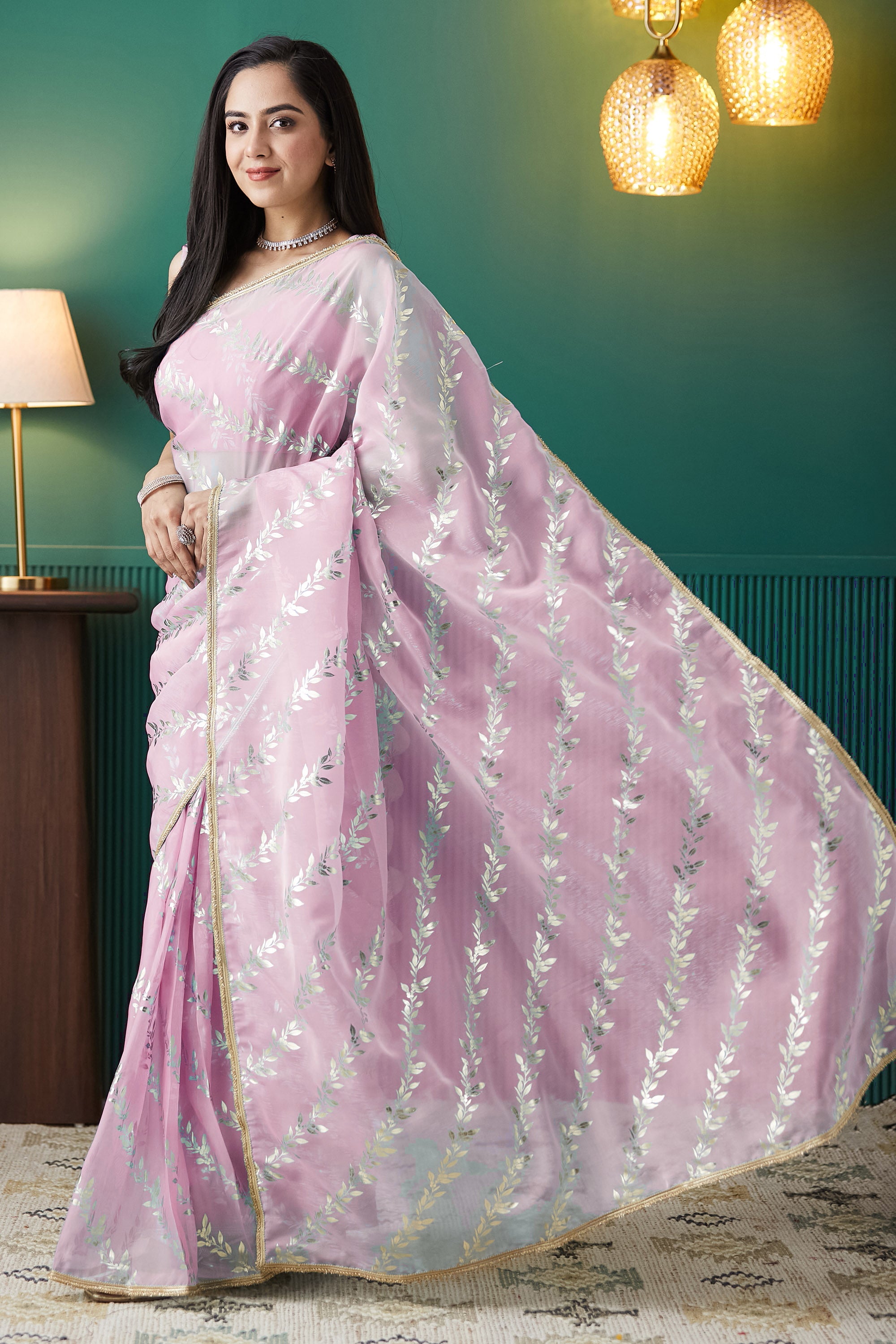 Soft Pink Organza Ready-to-Wear Saree | Solid Designer Foil Printed with Lace Border