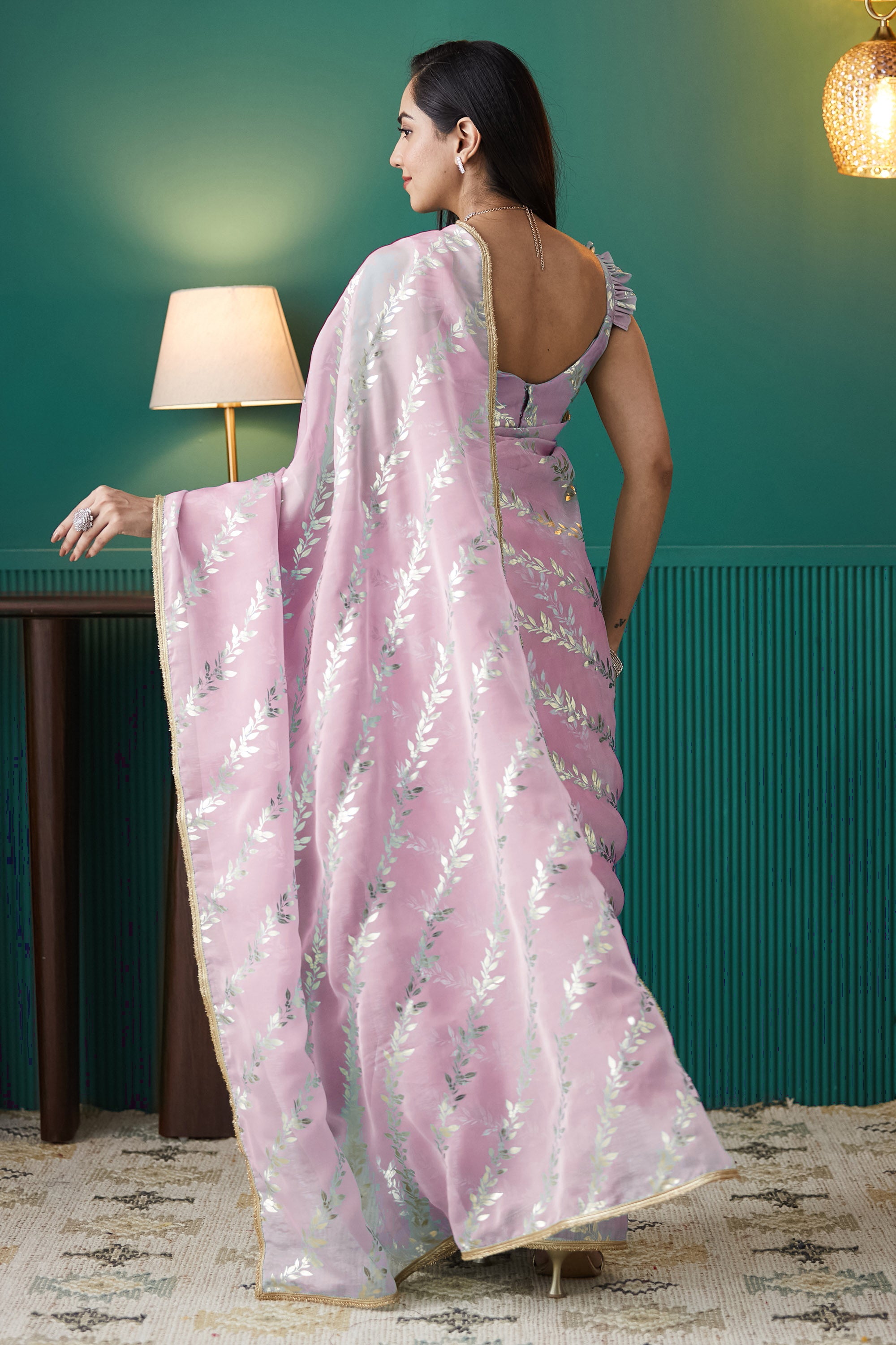 Soft Pink Organza Ready-to-Wear Saree | Solid Designer Foil Printed with Lace Border