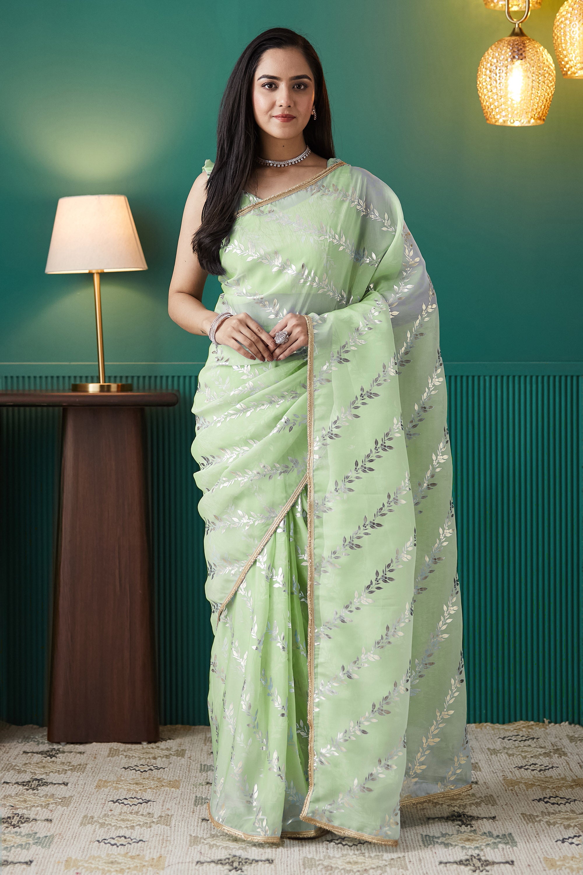 Fresh Pista Organza Ready-to-Wear Saree | Solid Designer Foil Printed with Lace Border
