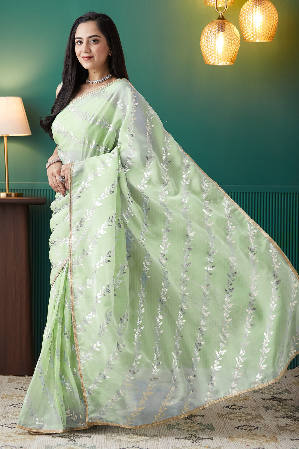 Fresh Pista Organza Ready-to-Wear Saree | Solid Designer Foil Printed with Lace Border