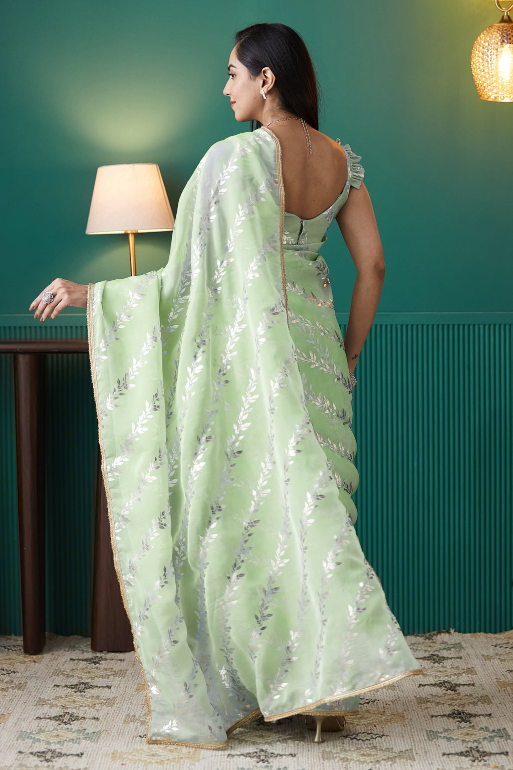 Fresh Pista Organza Ready-to-Wear Saree | Solid Designer Foil Printed with Lace Border
