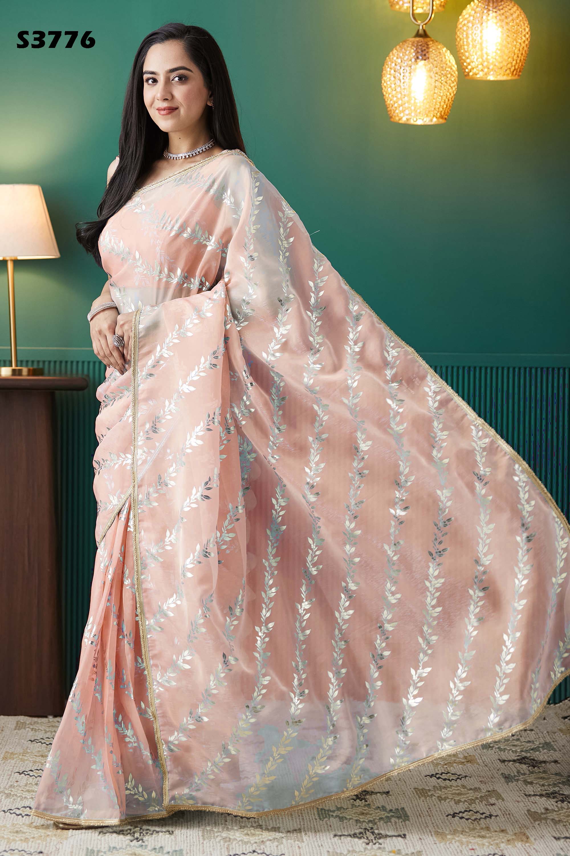 Soft Peach Organza Ready-to-Wear Saree | Solid Designer Foil Printed with Lace Border