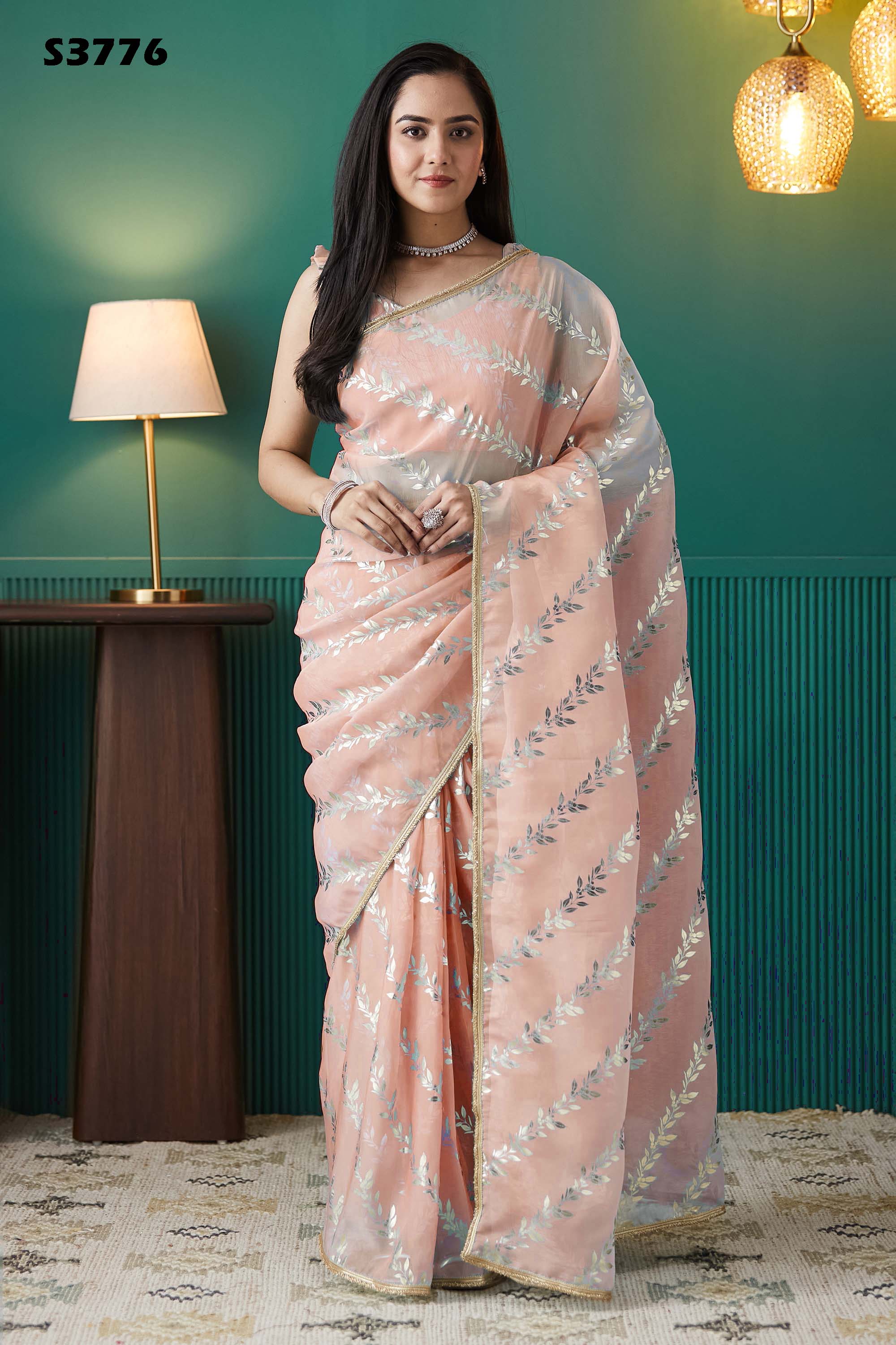 Soft Peach Organza Ready-to-Wear Saree | Solid Designer Foil Printed with Lace Border