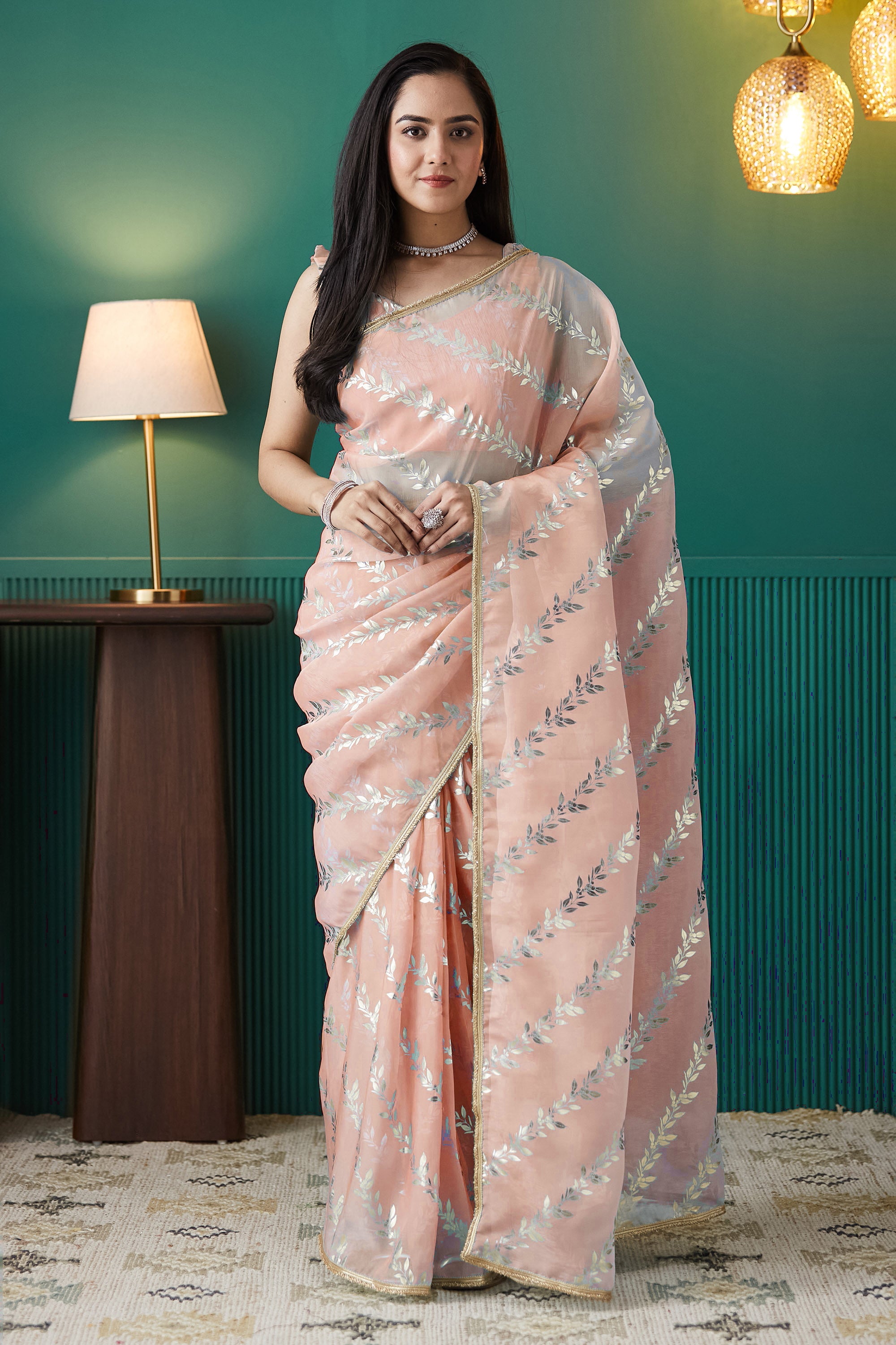 Soft Peach Organza Ready-to-Wear Saree | Solid Designer Foil Printed with Lace Border