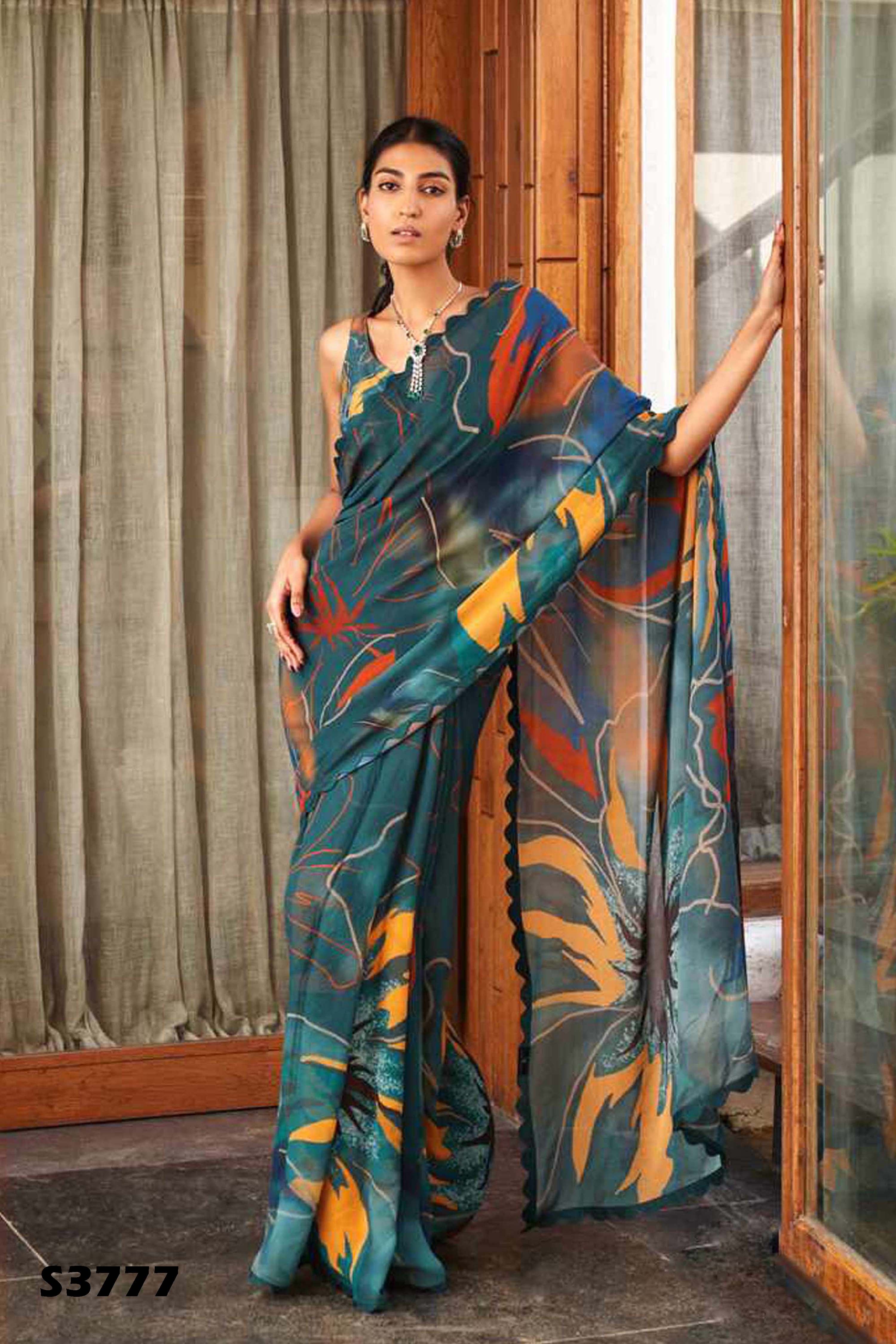 Emerald Green Bright Moss Digital Printed Saree | Designer Party Wear Couture Ensemble