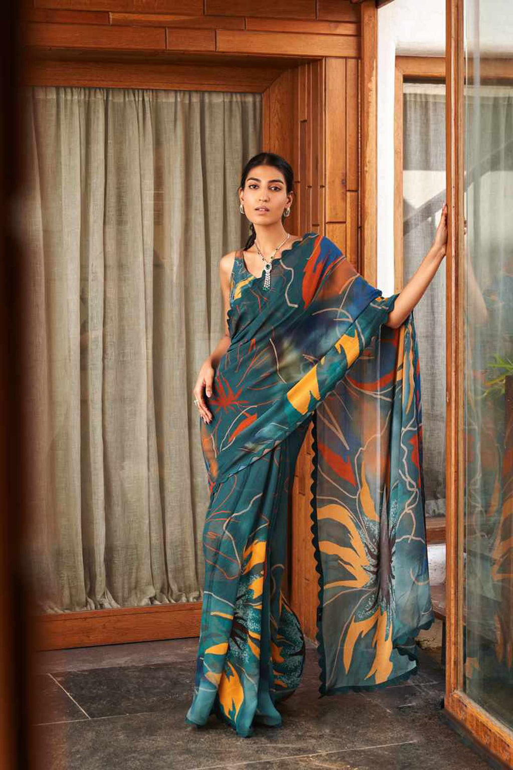 Emerald Green Bright Moss Digital Printed Saree | Designer Party Wear Couture Ensemble
