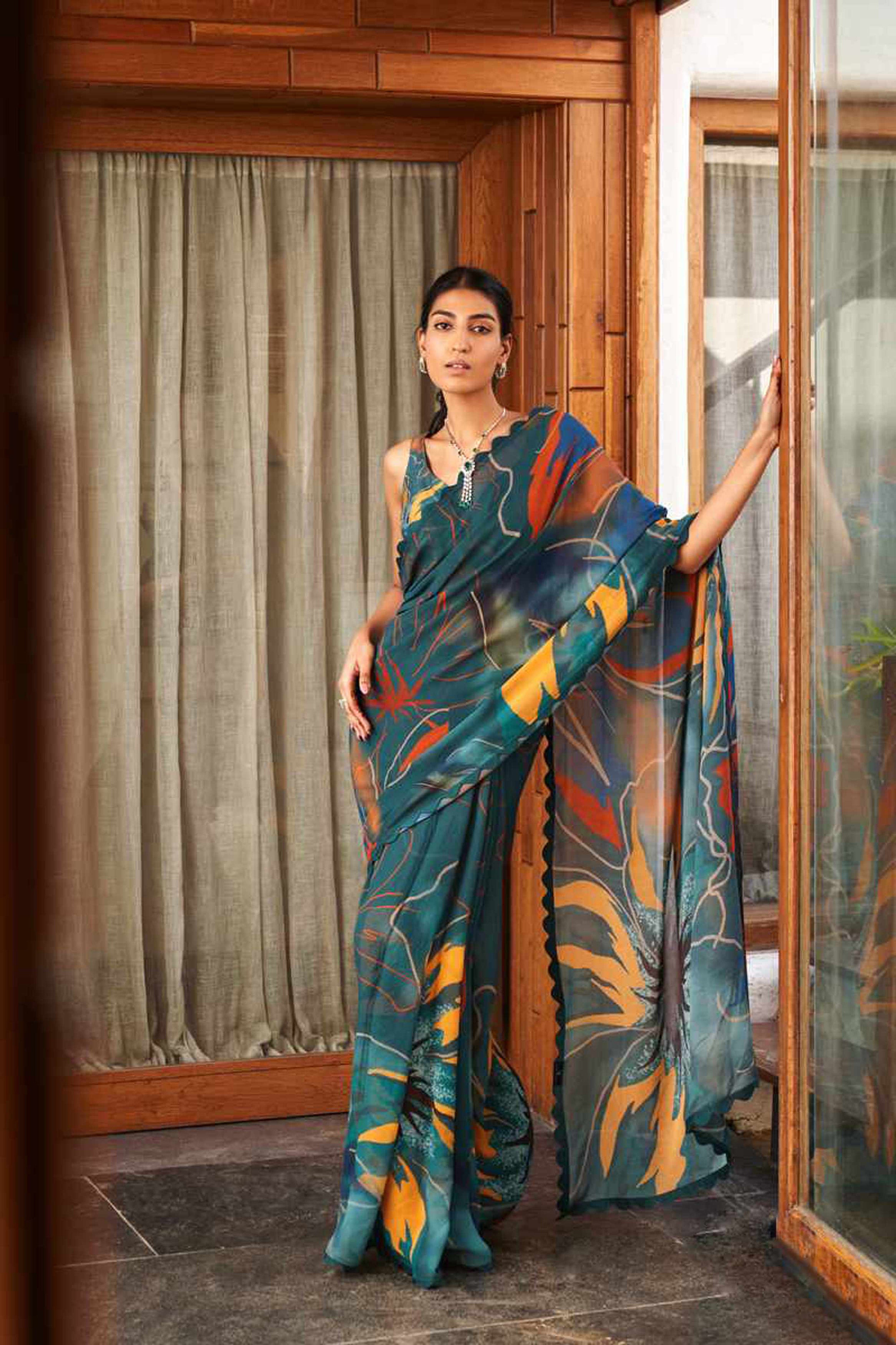 Emerald Green Bright Moss Digital Printed Saree | Designer Party Wear Couture Ensemble