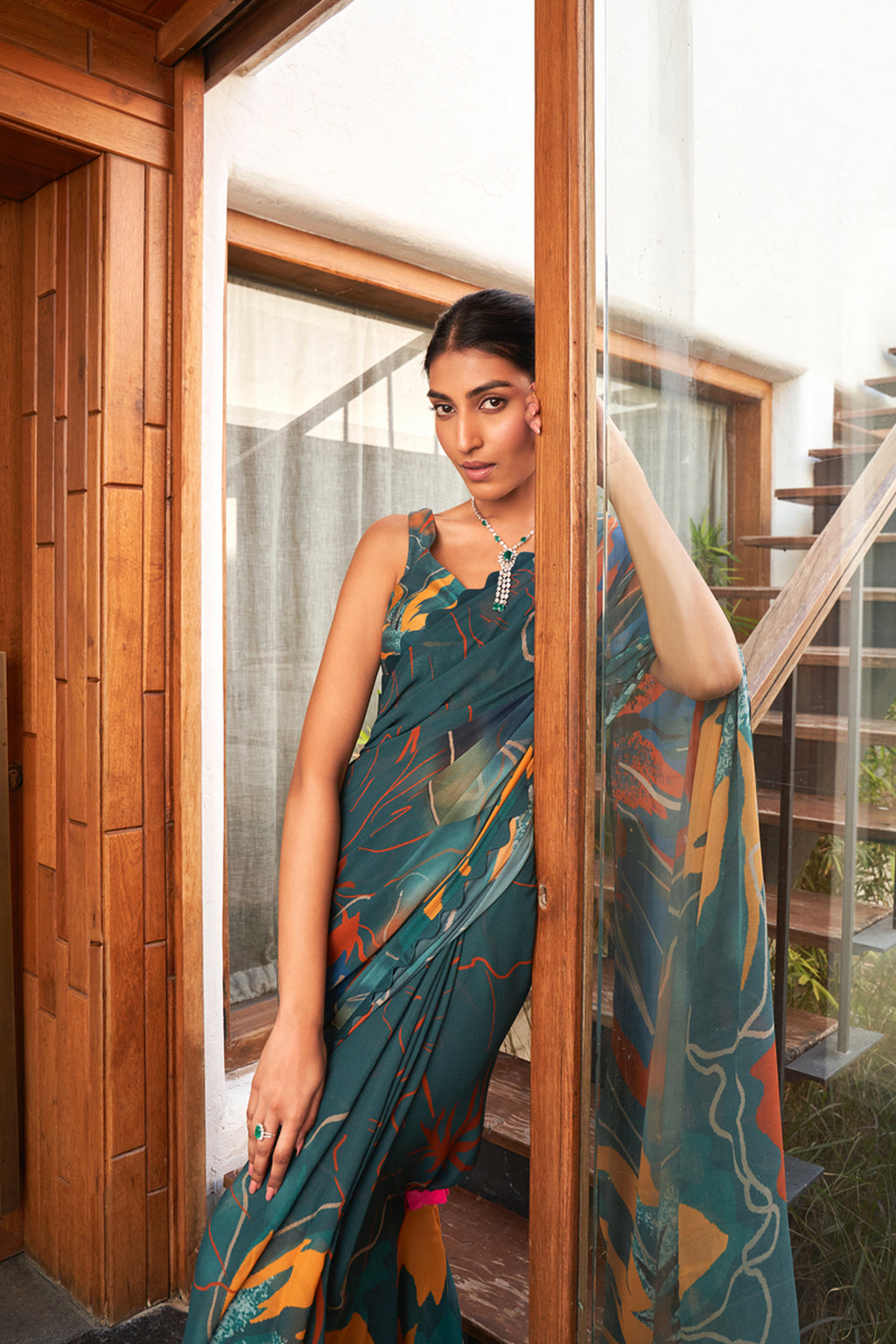Emerald Green Bright Moss Digital Printed Saree | Designer Party Wear Couture Ensemble
