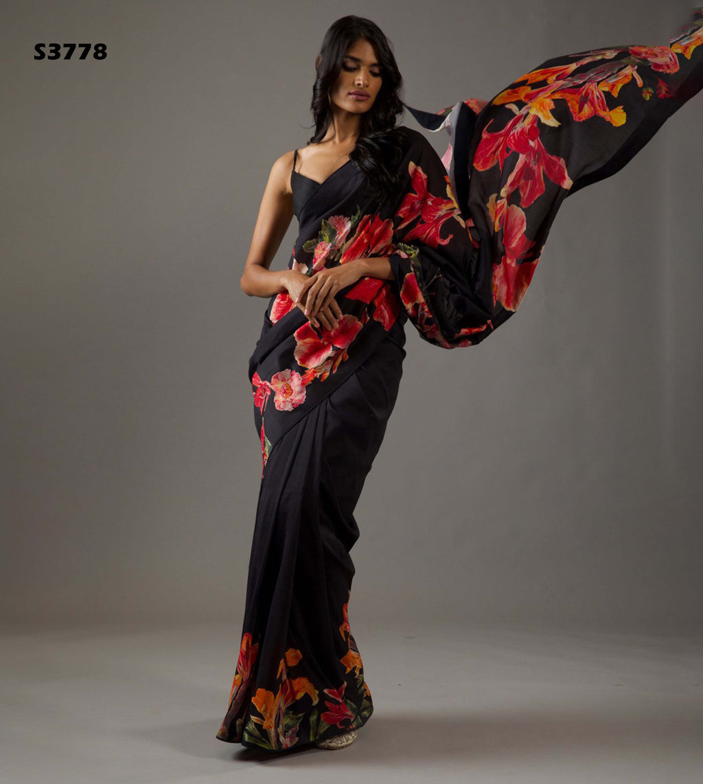 Midnight Black Bright Moss Digital Printed Saree | Designer Party Wear Couture Ensemble