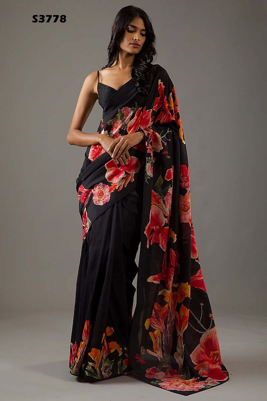 Midnight Black Bright Moss Digital Printed Saree | Designer Party Wear Couture Ensemble
