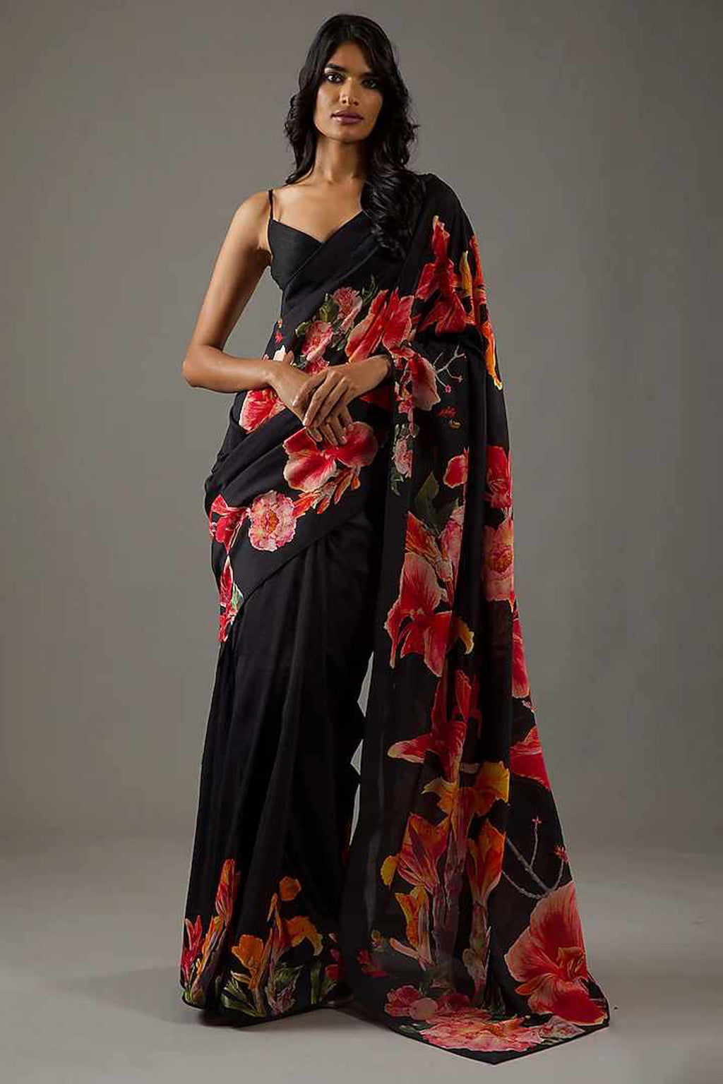 Midnight Black Bright Moss Digital Printed Saree | Designer Party Wear Couture Ensemble