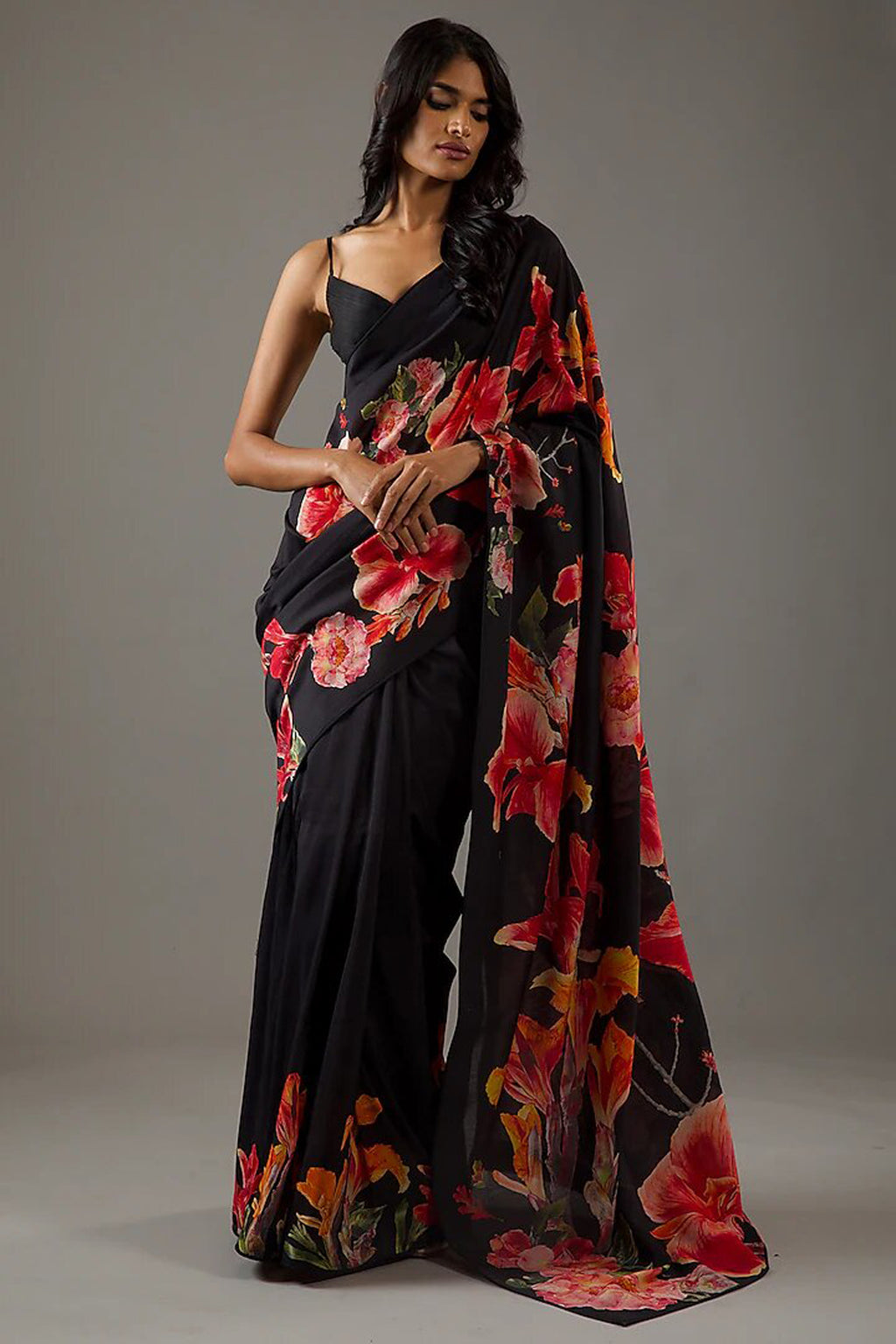 Midnight Black Bright Moss Digital Printed Saree | Designer Party Wear Couture Ensemble