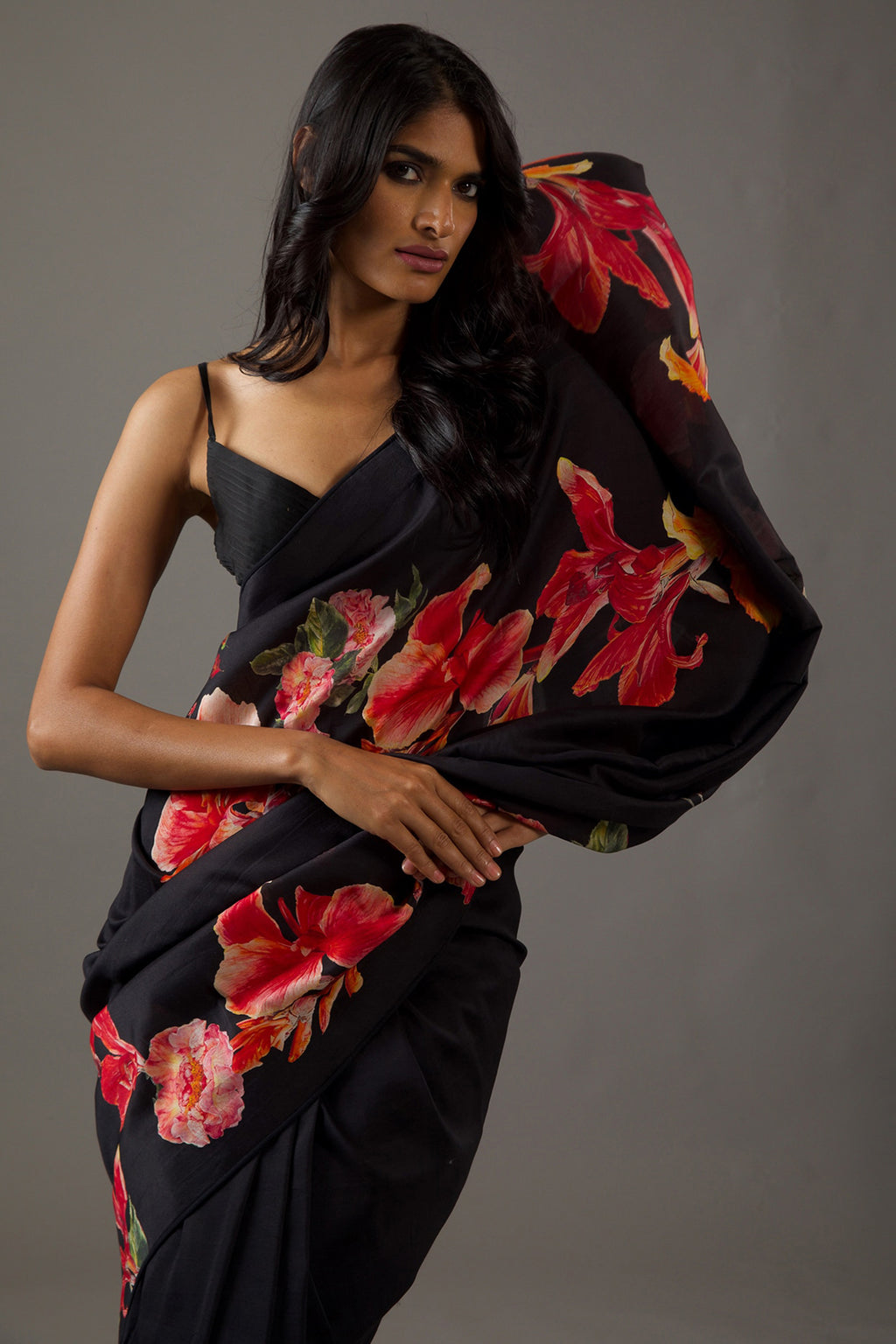 Midnight Black Bright Moss Digital Printed Saree | Designer Party Wear Couture Ensemble