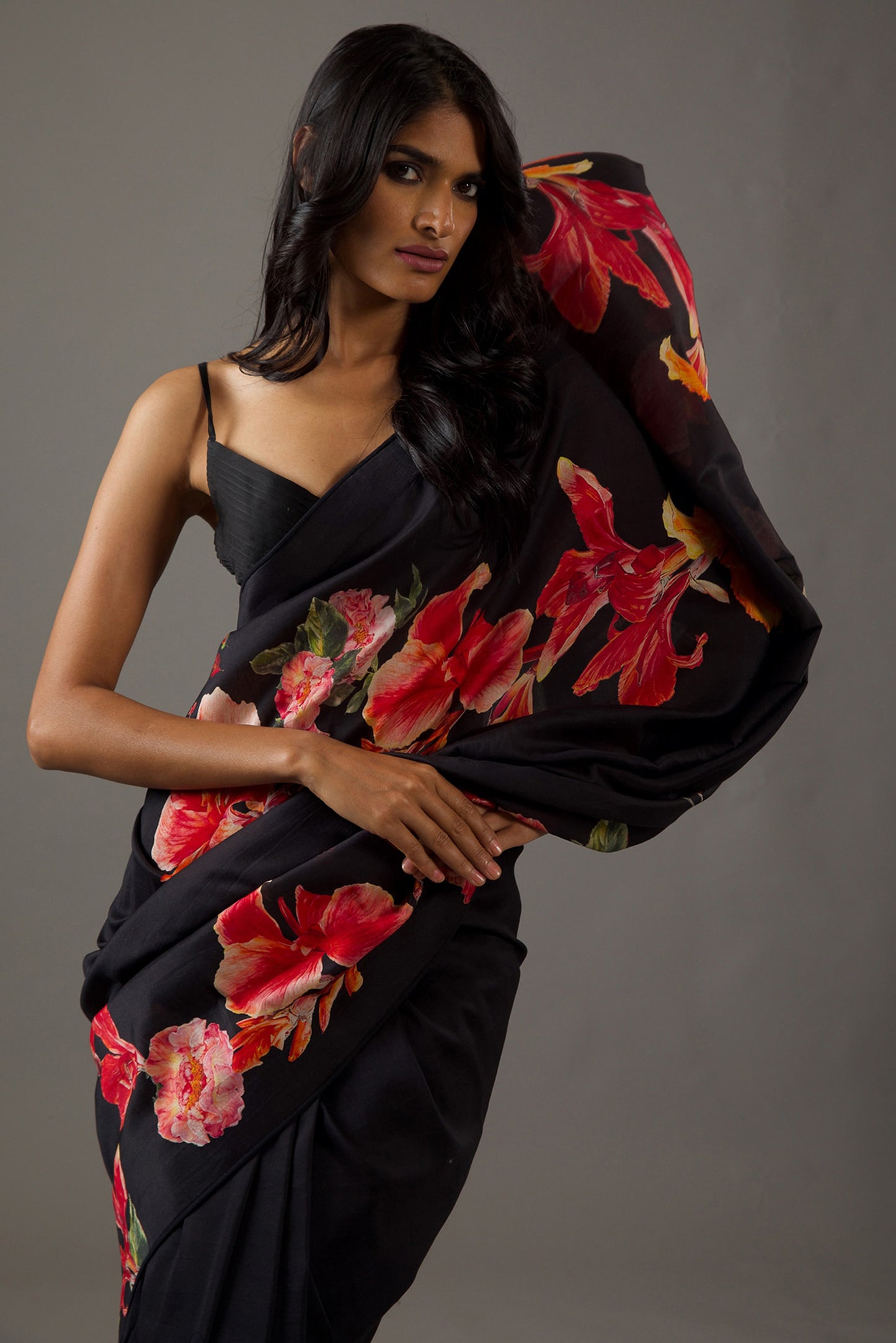 Midnight Black Bright Moss Digital Printed Saree | Designer Party Wear Couture Ensemble