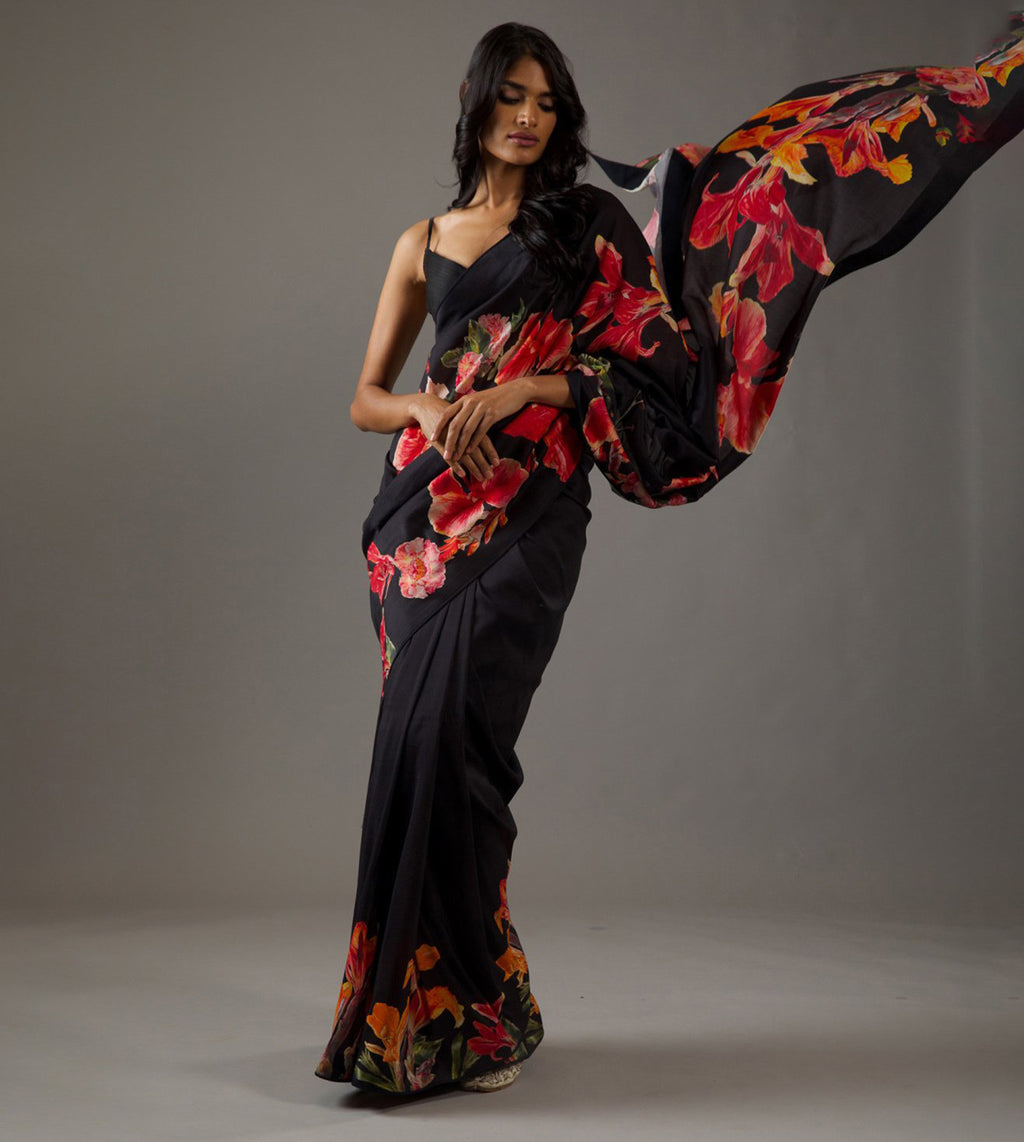 Midnight Black Bright Moss Digital Printed Saree | Designer Party Wear Couture Ensemble