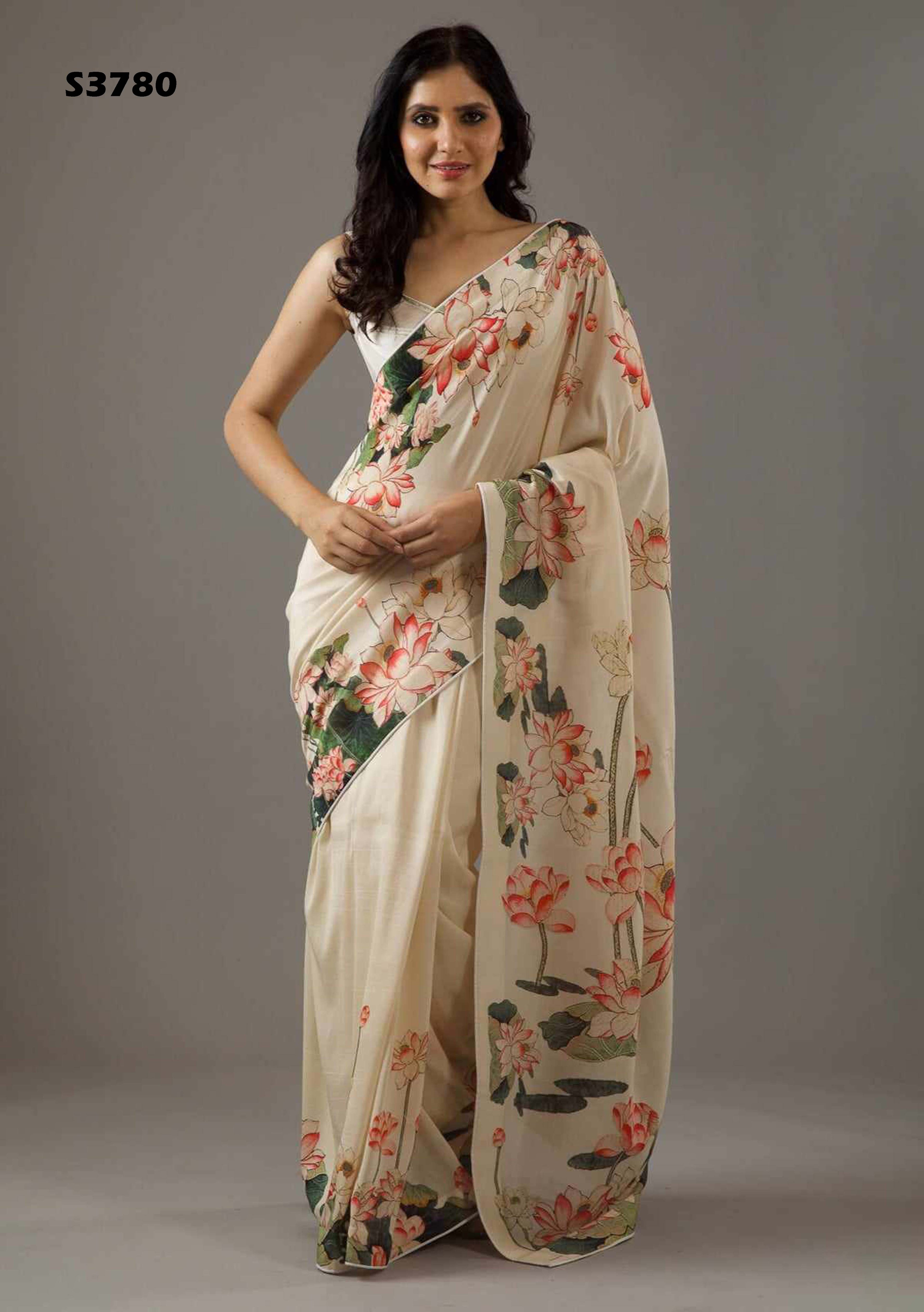 Ivory Cream Bright Moss Digital Printed Saree | Designer Party Wear Couture Ensemble
